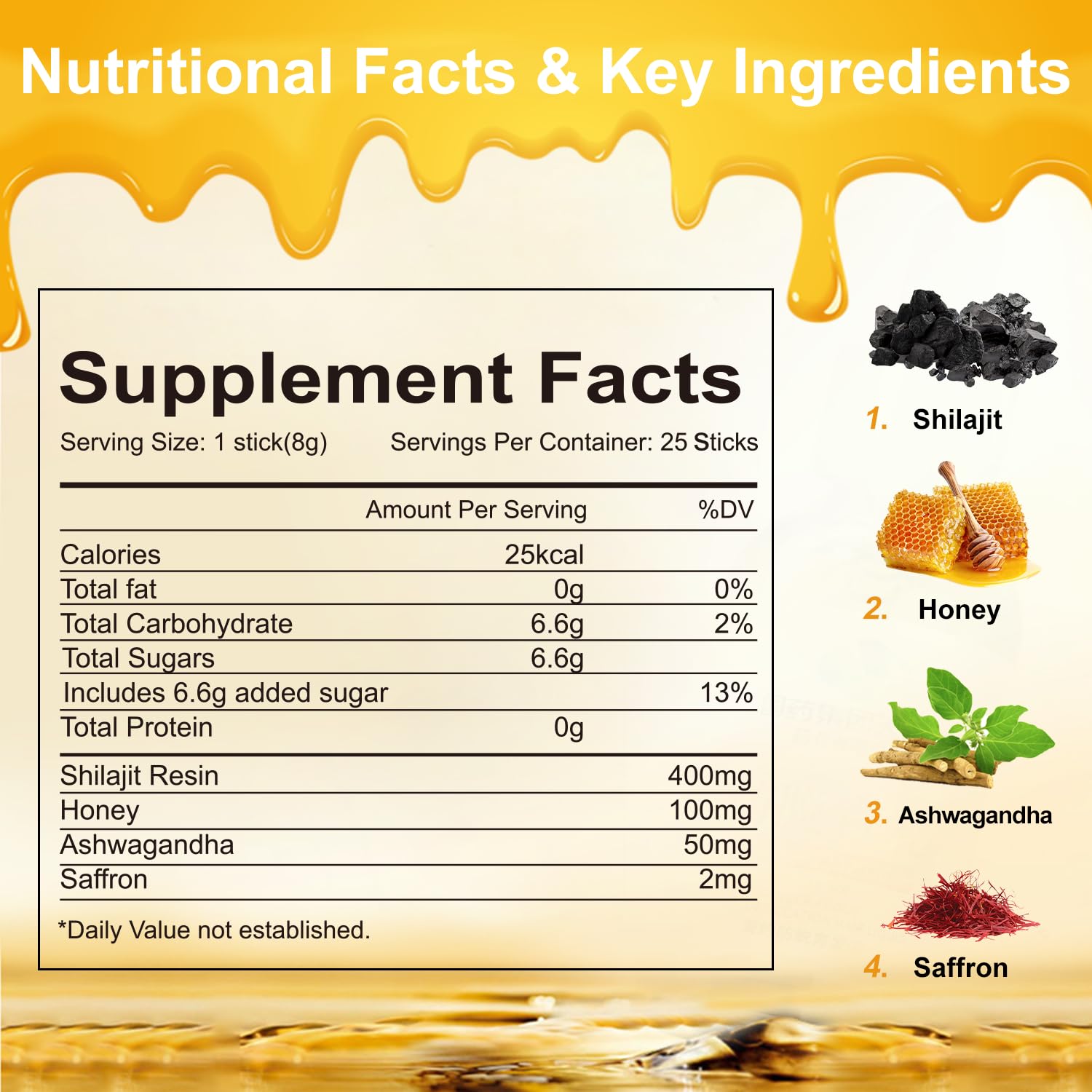 Organic Himalayan Shilajit Honey Sticks with Ashwagandha, Saffron, and 85+ Minerals for Immunity Boost & Energy - 25 Sticks