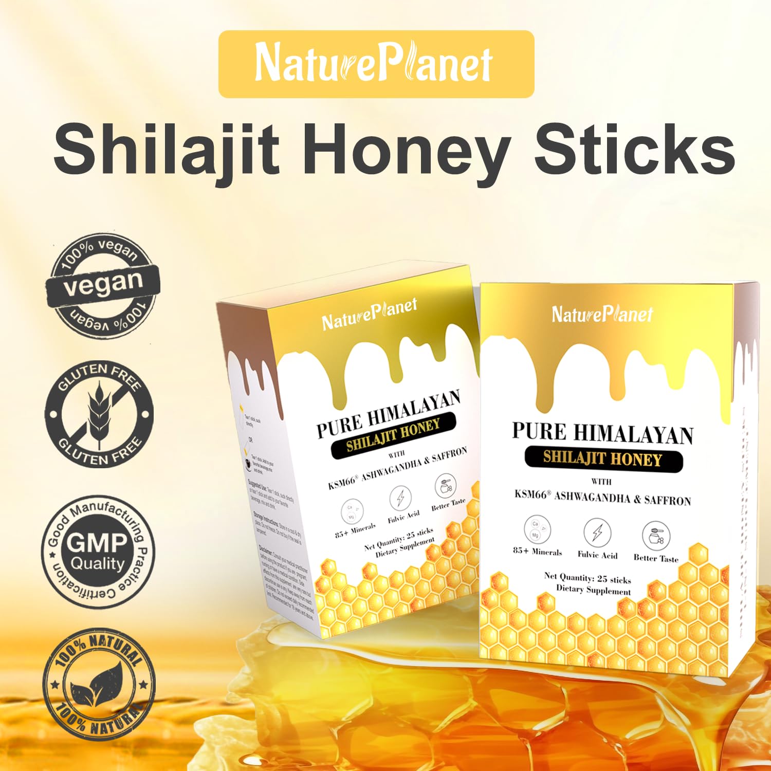 Organic Himalayan Shilajit Honey Sticks with Ashwagandha, Saffron, and 85+ Minerals for Immunity Boost & Energy - 25 Sticks