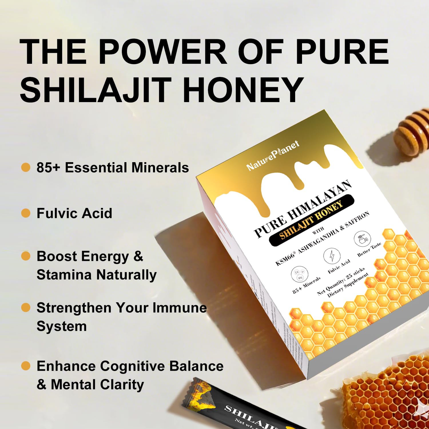 Organic Himalayan Shilajit Honey Sticks with Ashwagandha, Saffron, and 85+ Minerals for Immunity Boost & Energy - 25 Sticks
