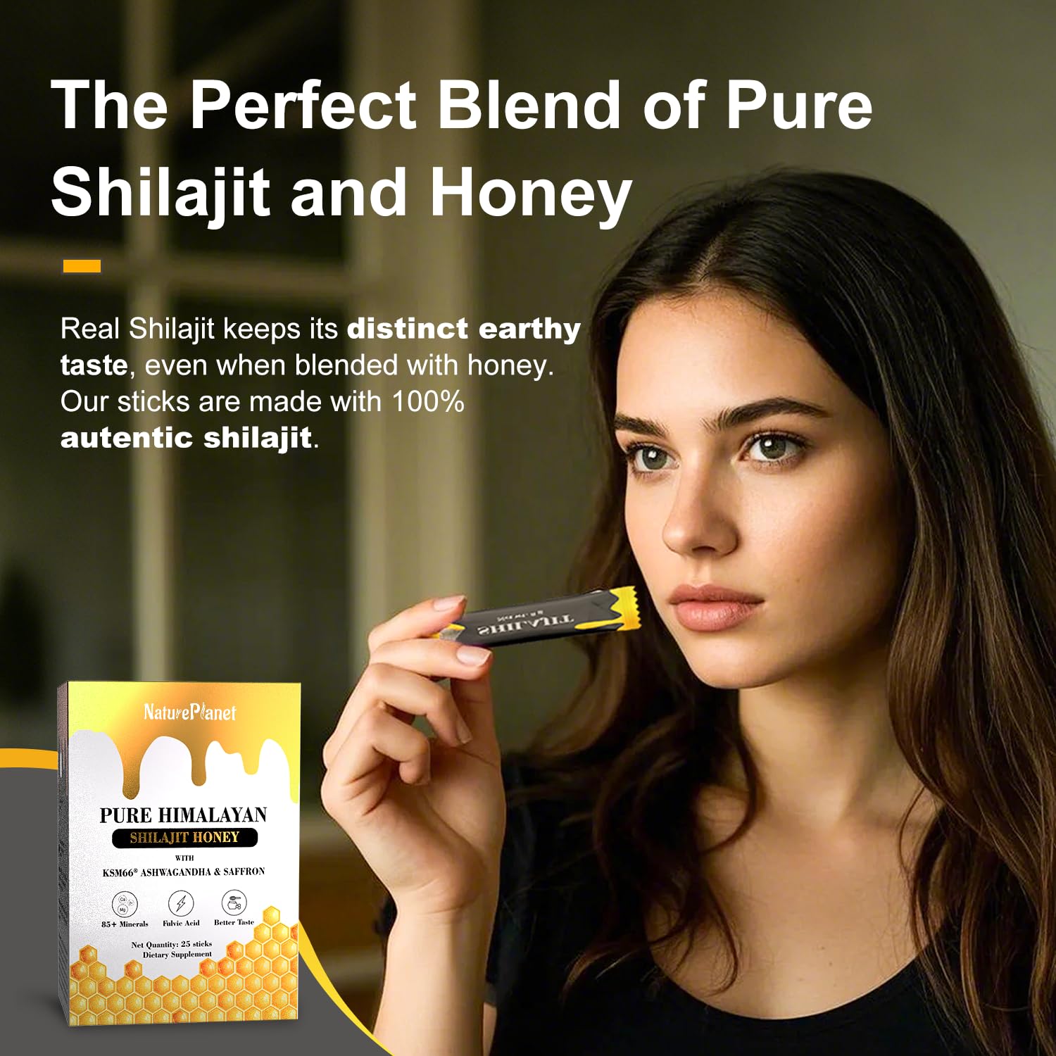 Organic Himalayan Shilajit Honey Sticks with Ashwagandha, Saffron, and 85+ Minerals for Immunity Boost & Energy - 25 Sticks