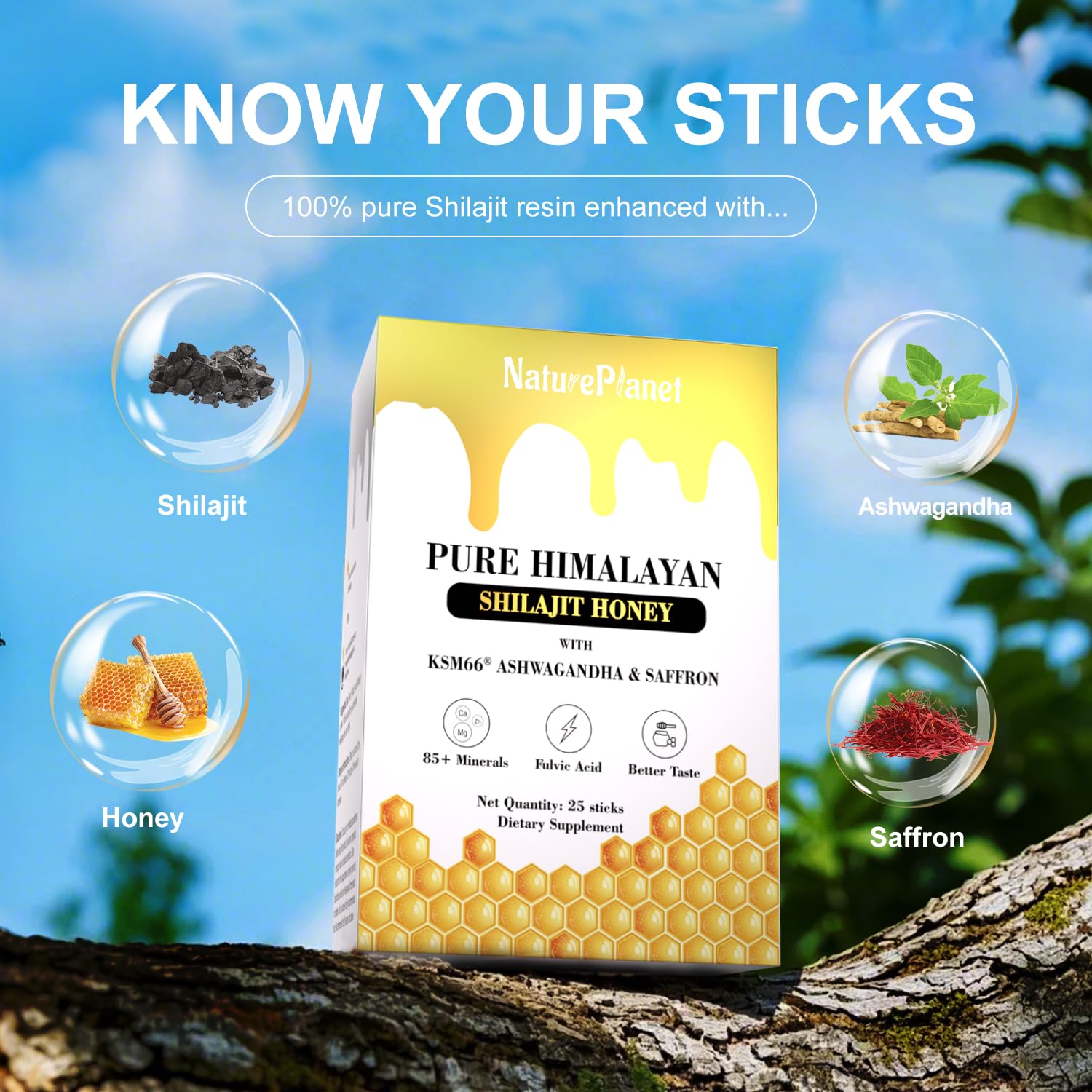 Organic Himalayan Shilajit Honey Sticks with Ashwagandha, Saffron, and 85+ Minerals for Immunity Boost & Energy - 25 Sticks