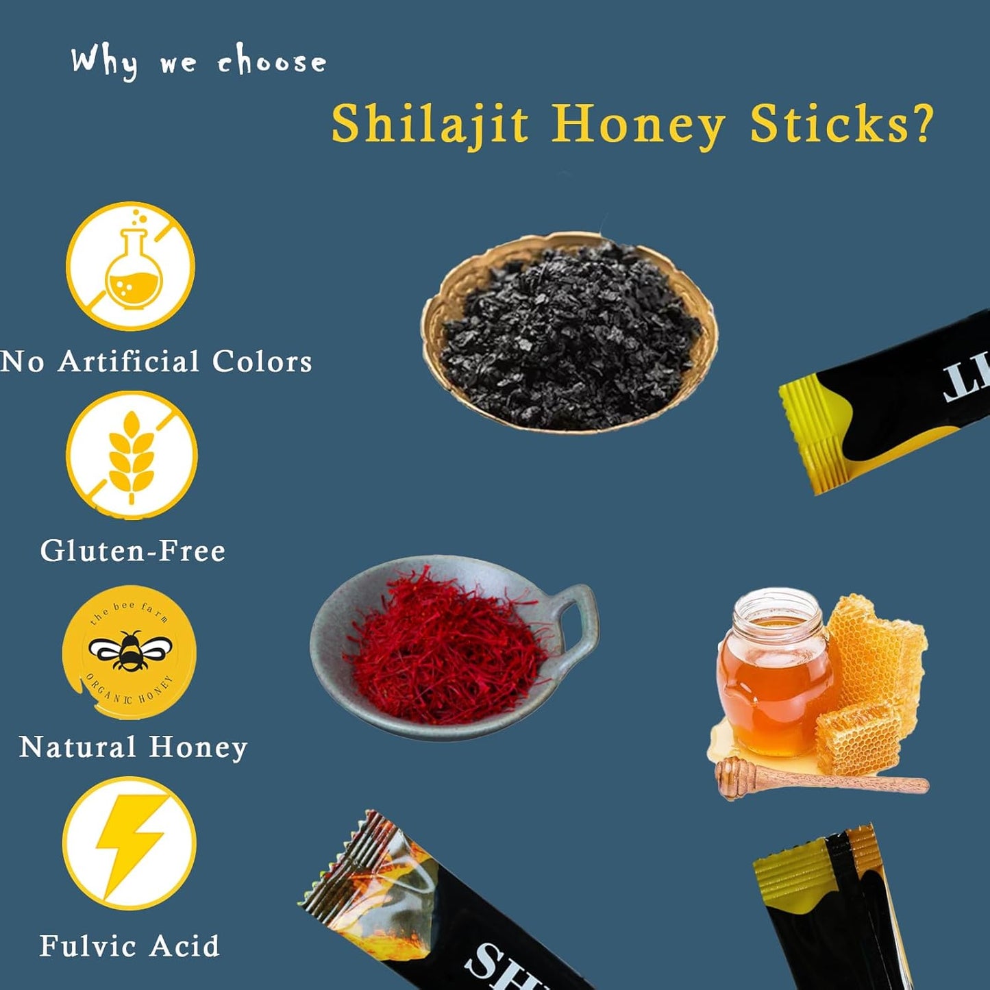 Organic Himalayan Shilajit Honey Sticks with Gold Saffron - Rich in Fulvic Acid and Trace Minerals - for Men and Women - 30 Sticks