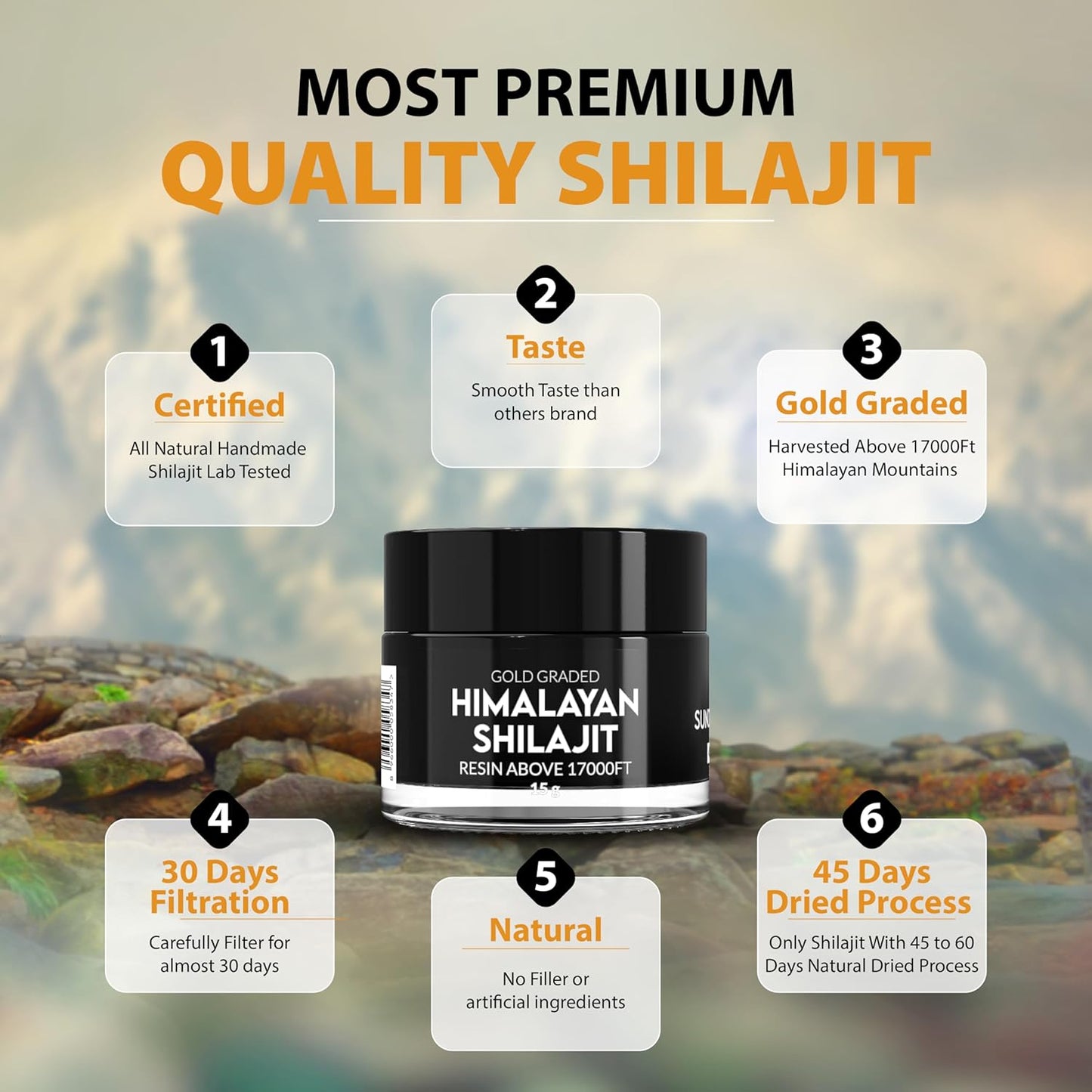 Organic Himalayan Shilajit Resin 15g - Pure Sun-Dried Shilajit Above 17,000FT - 45 Day Supply - Gold Graded with 85+ Natural Minerals