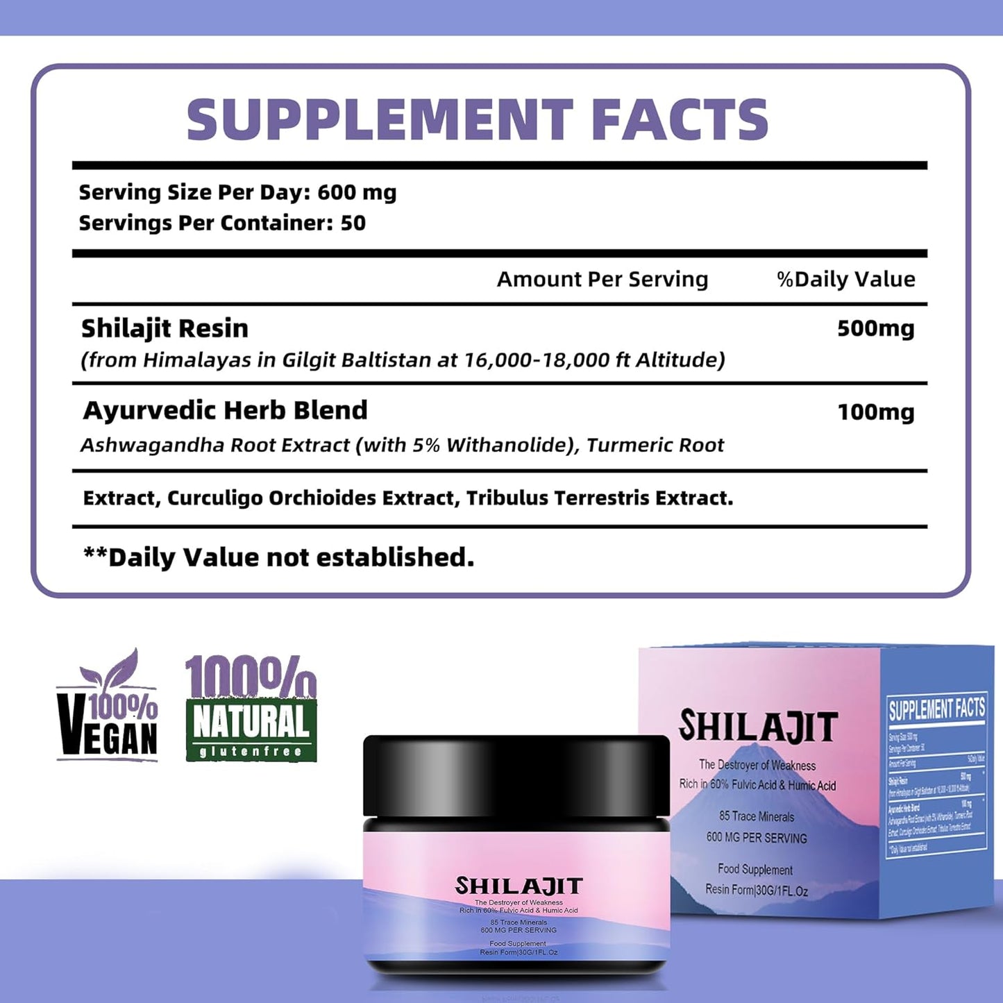 Organic Himalayan Shilajit Resin 600mg - High Potency with 85+ Trace Minerals & Fulvic Acid - Energy and Immune Support - 30g