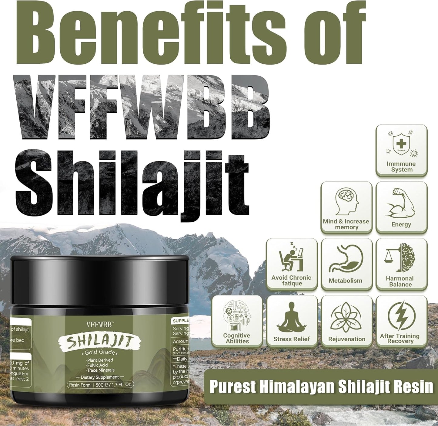 Organic Himalayan Shilajit Resin 600mg - Maximum Potency with 85+ Trace Minerals - 100% Natural Energy and Immune Support Supplement - 50g