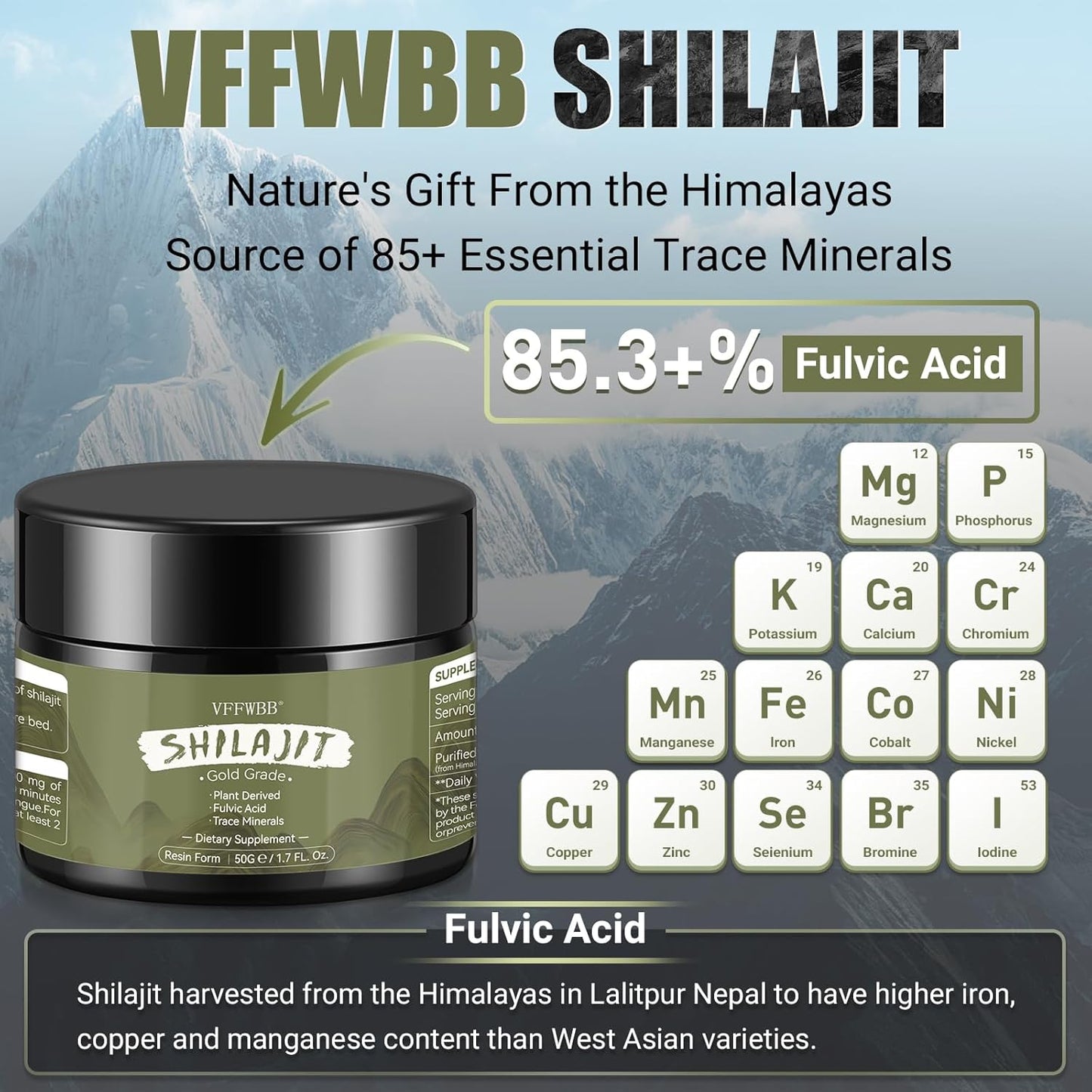 Organic Himalayan Shilajit Resin 600mg - Maximum Potency with 85+ Trace Minerals - 100% Natural Energy and Immune Support Supplement - 50g