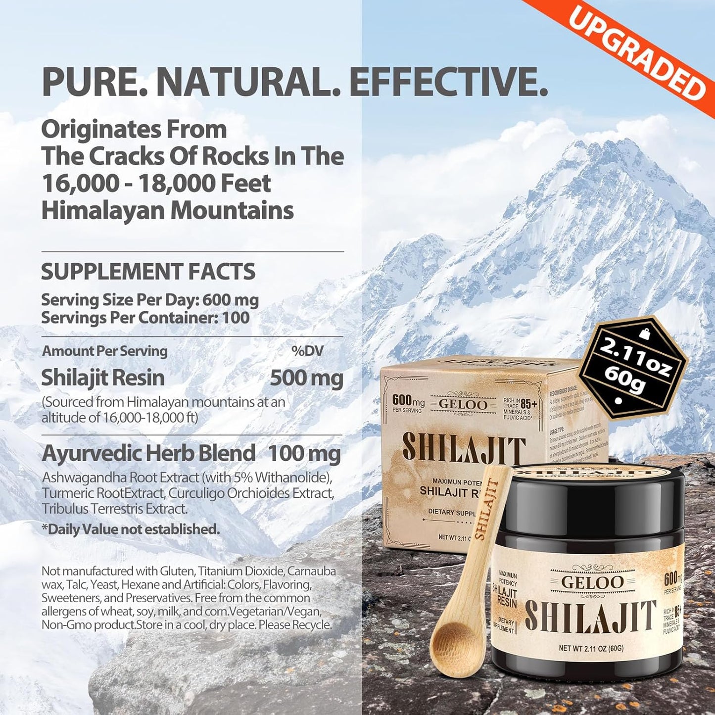 Organic Himalayan Shilajit Resin 60g - Pure Gold Grade Supplement with 85+ Trace Minerals for Energy & Immunity - Natural Fulvic Acid Focus Booster