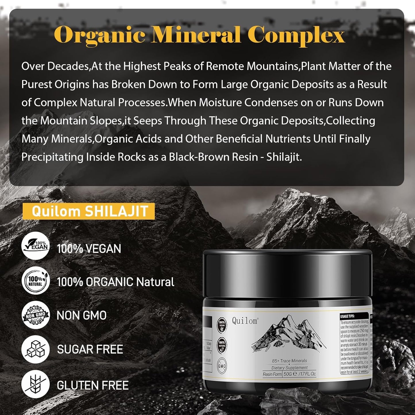 Organic Himalayan Shilajit Resin Supplement - Gold Grade 100% Pure Shilajit with Trace Minerals Complex - 50g