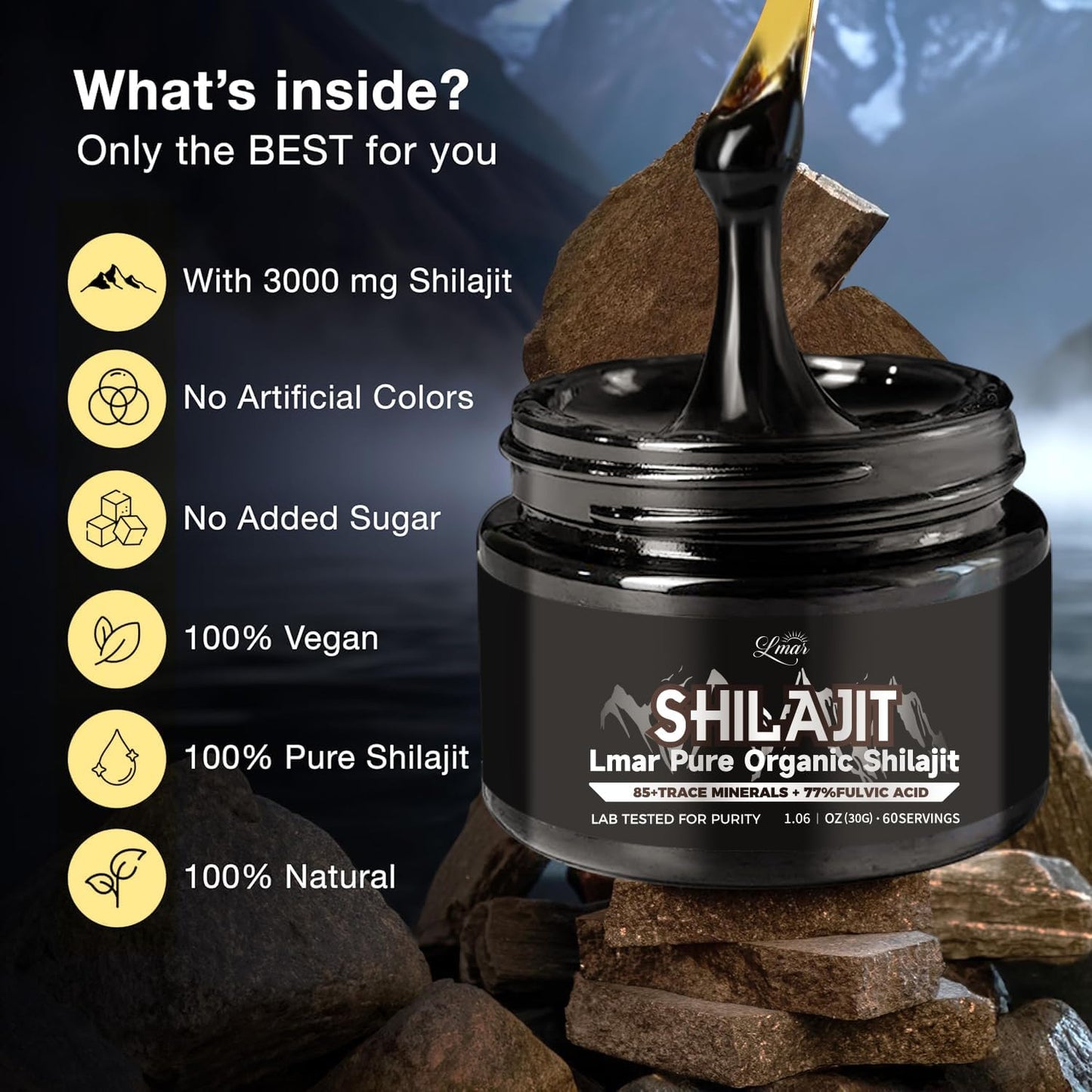 Organic Himalayan Shilajit Resin Supplement | 100% Natural, Lab Tested | 85+ Trace Minerals & 77% Fulvic Acid | 75 Servings for Men & Women