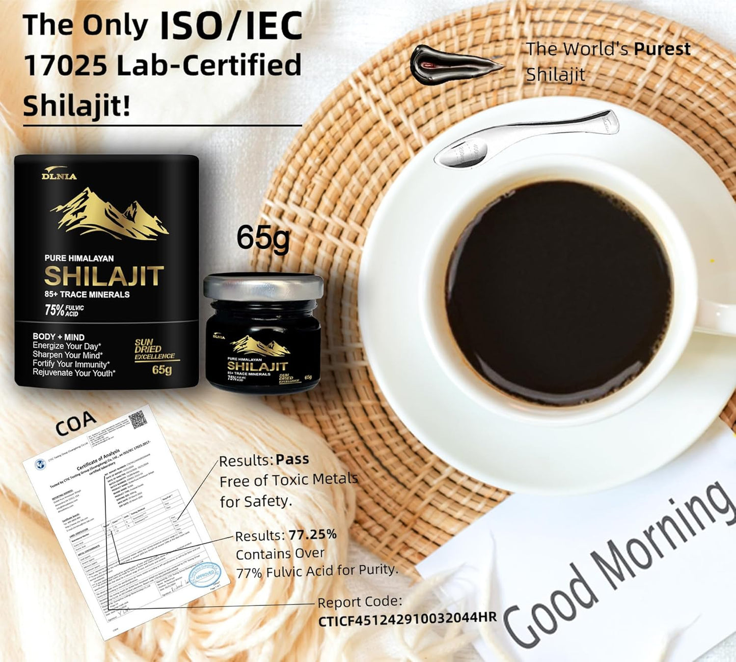 Organic Himalayan Shilajit Resin Supplement with 85+ Trace Minerals - 75% Fulvic Acid for Energy & Immune Support - 65g