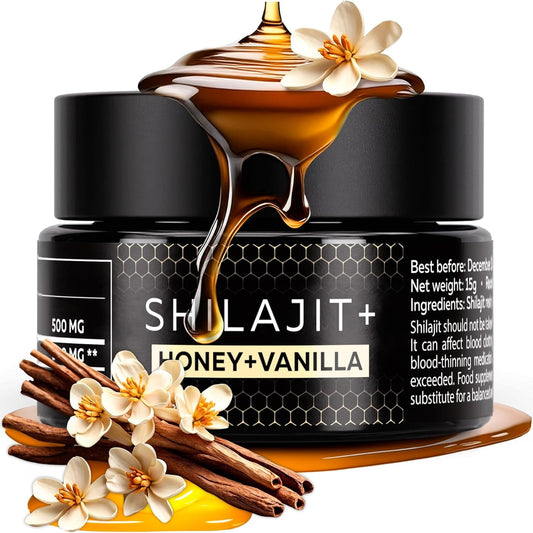Organic Himalayan Shilajit Resin with Honey & Vanilla - 15g - 1000mg Daily Dose - Energy & Immune Support with 85+ Minerals
