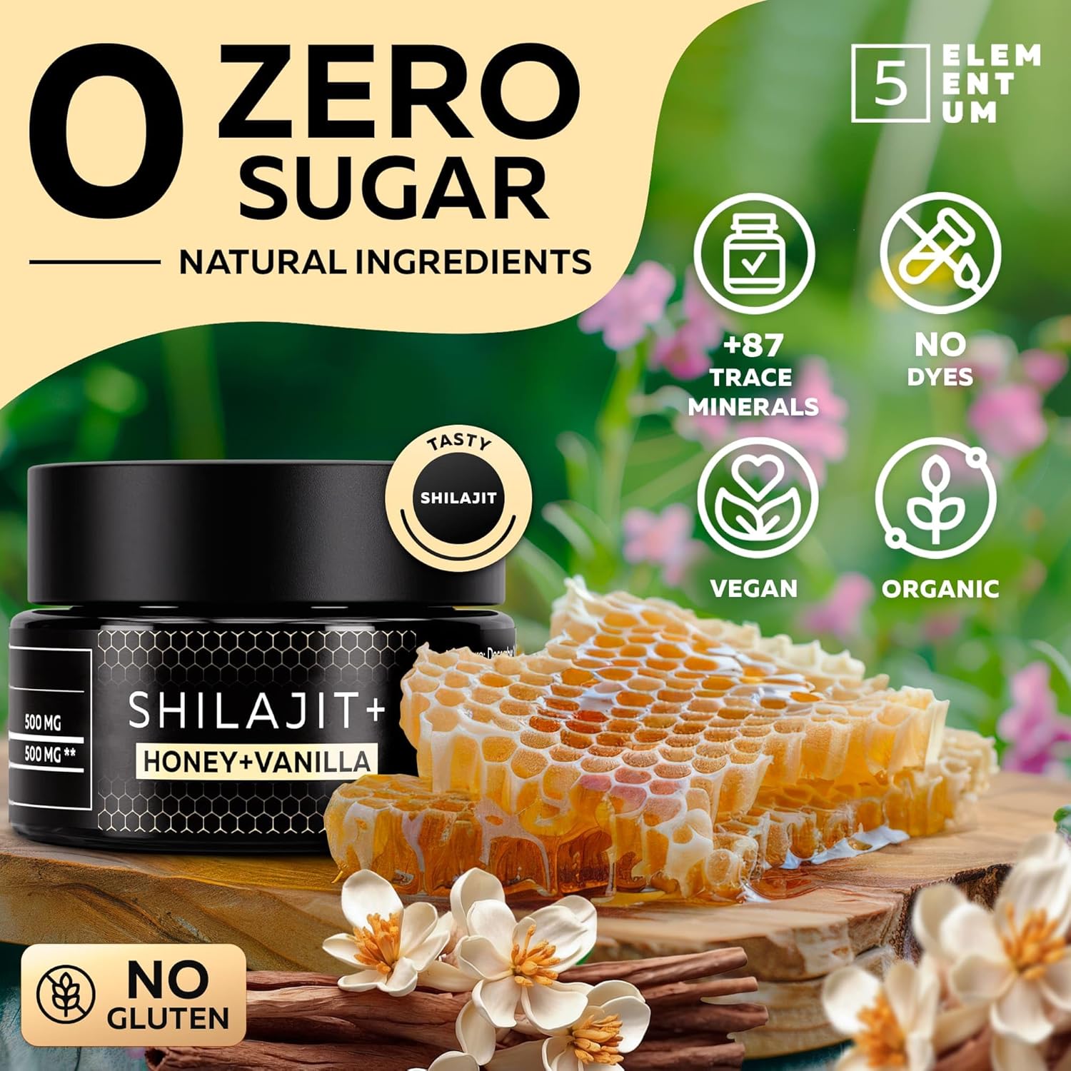 Organic Himalayan Shilajit Resin with Honey & Vanilla - 15g - 1000mg Daily Dose - Energy & Immune Support with 85+ Minerals