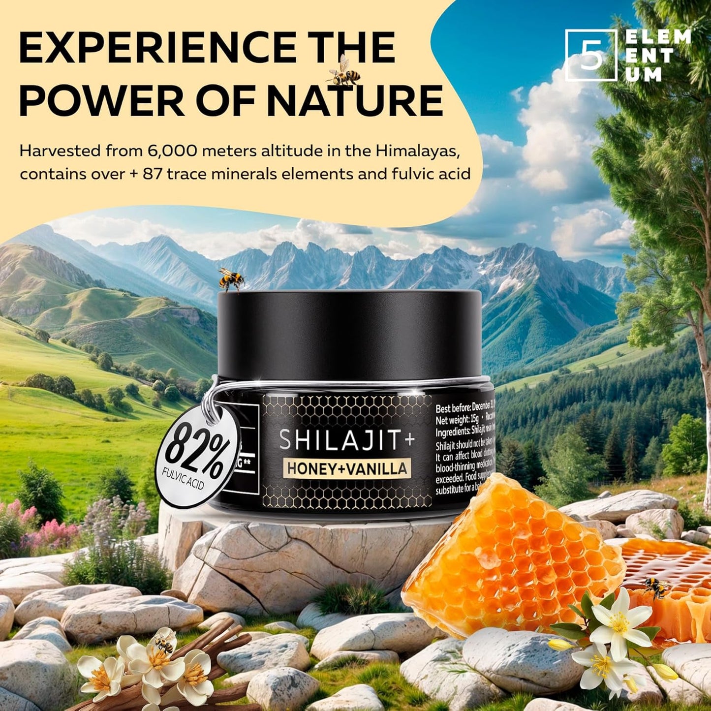 Organic Himalayan Shilajit Resin with Honey & Vanilla - 15g - 1000mg Daily Dose - Energy & Immune Support with 85+ Minerals
