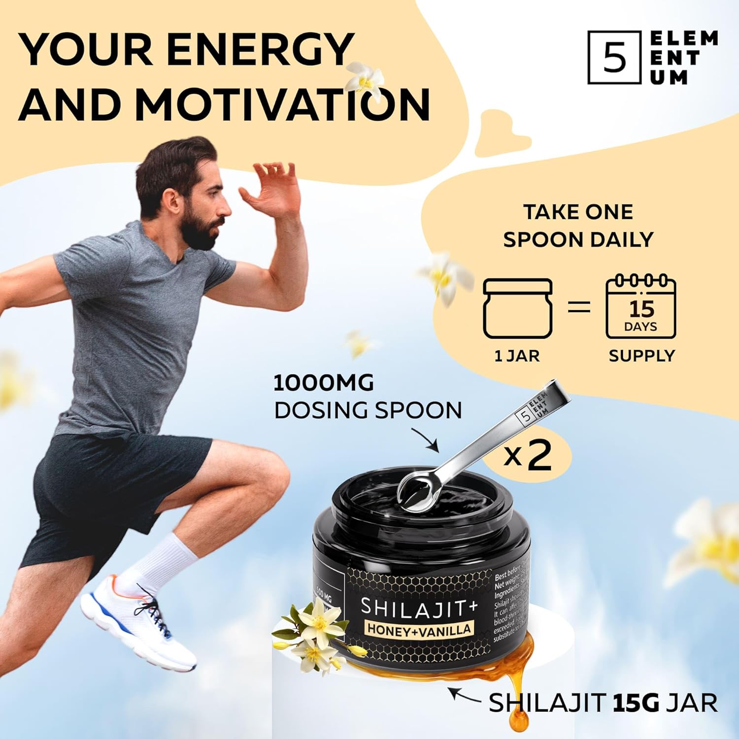 Organic Himalayan Shilajit Resin with Honey & Vanilla - 15g - 1000mg Daily Dose - Energy & Immune Support with 85+ Minerals