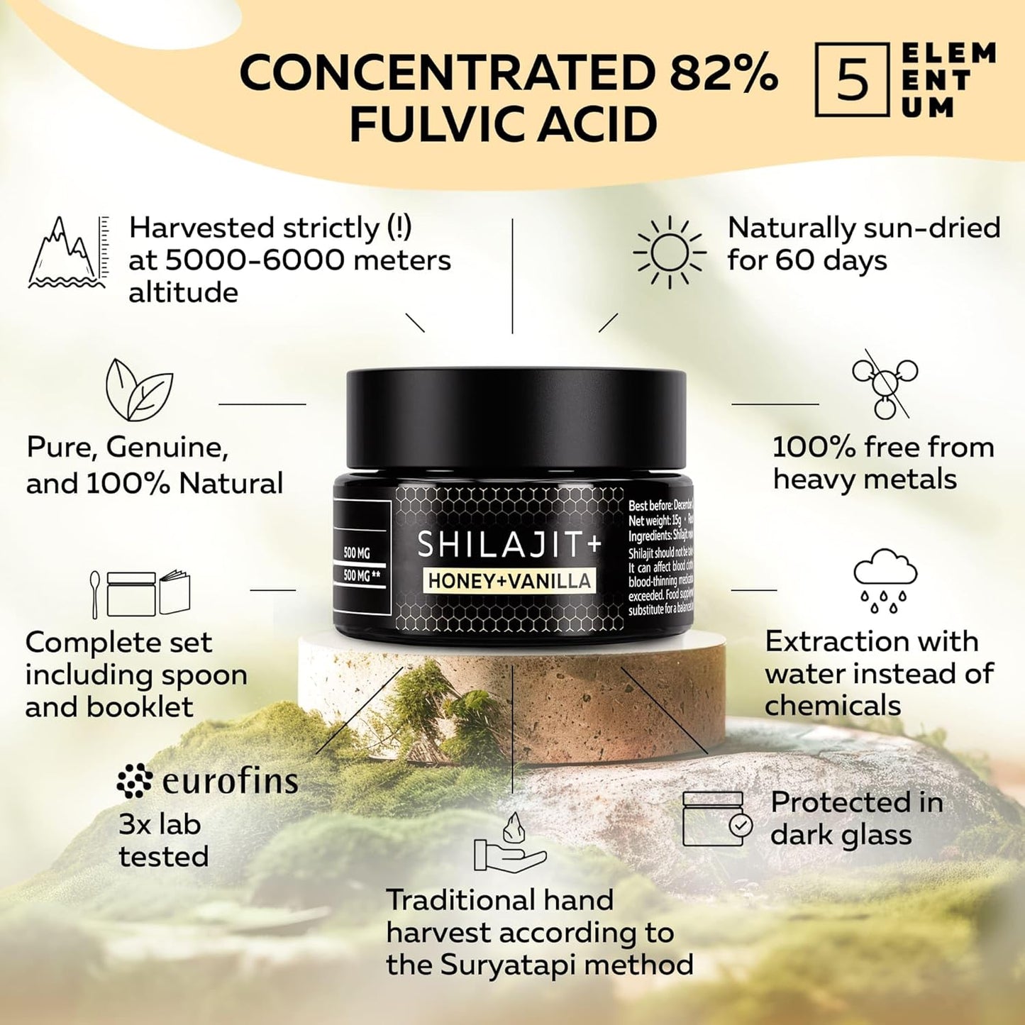 Organic Himalayan Shilajit Resin with Honey & Vanilla - 15g - 1000mg Daily Dose - Energy & Immune Support with 85+ Minerals