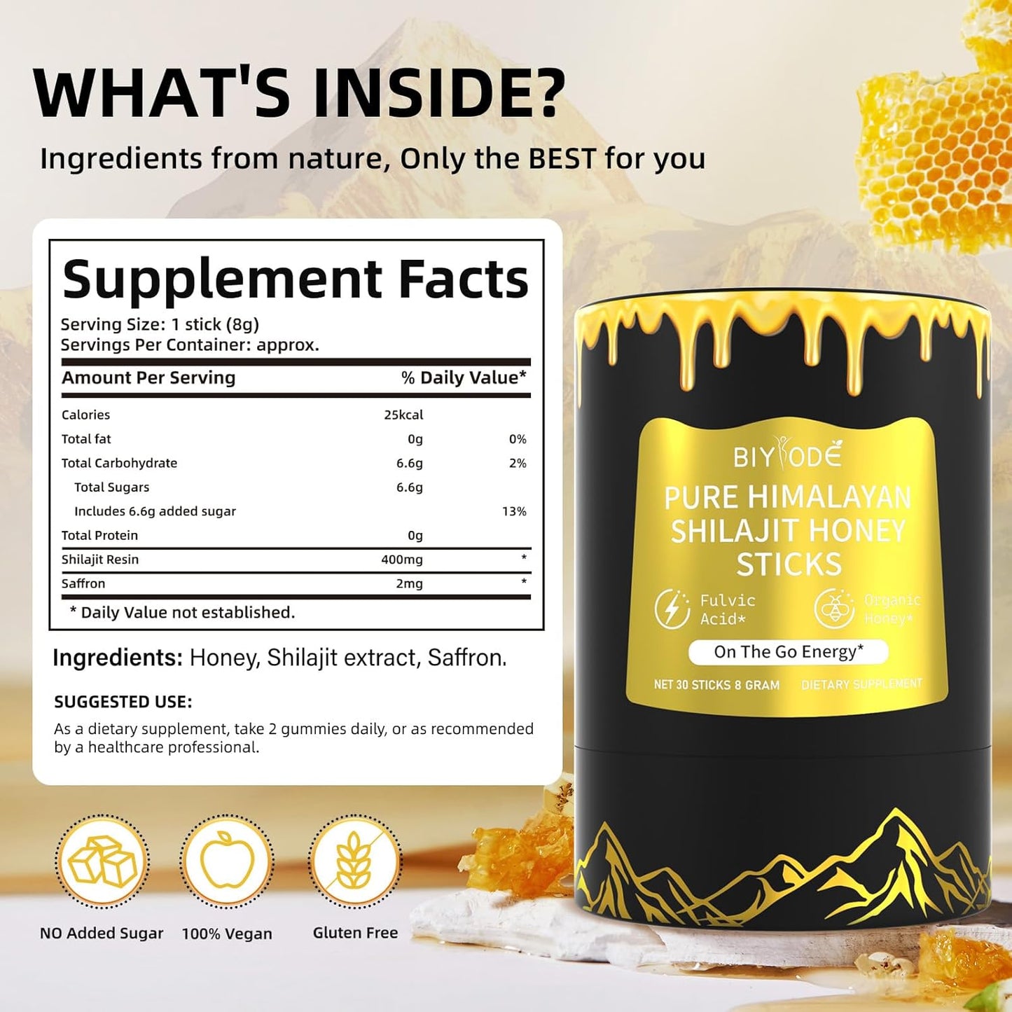 Organic Himalayan Shilajit Sticks with Honey and Saffron - Energy Boost, Immune Support - 30 Day Supply with 85+ Trace Minerals, 75%+ Fulvic Acid