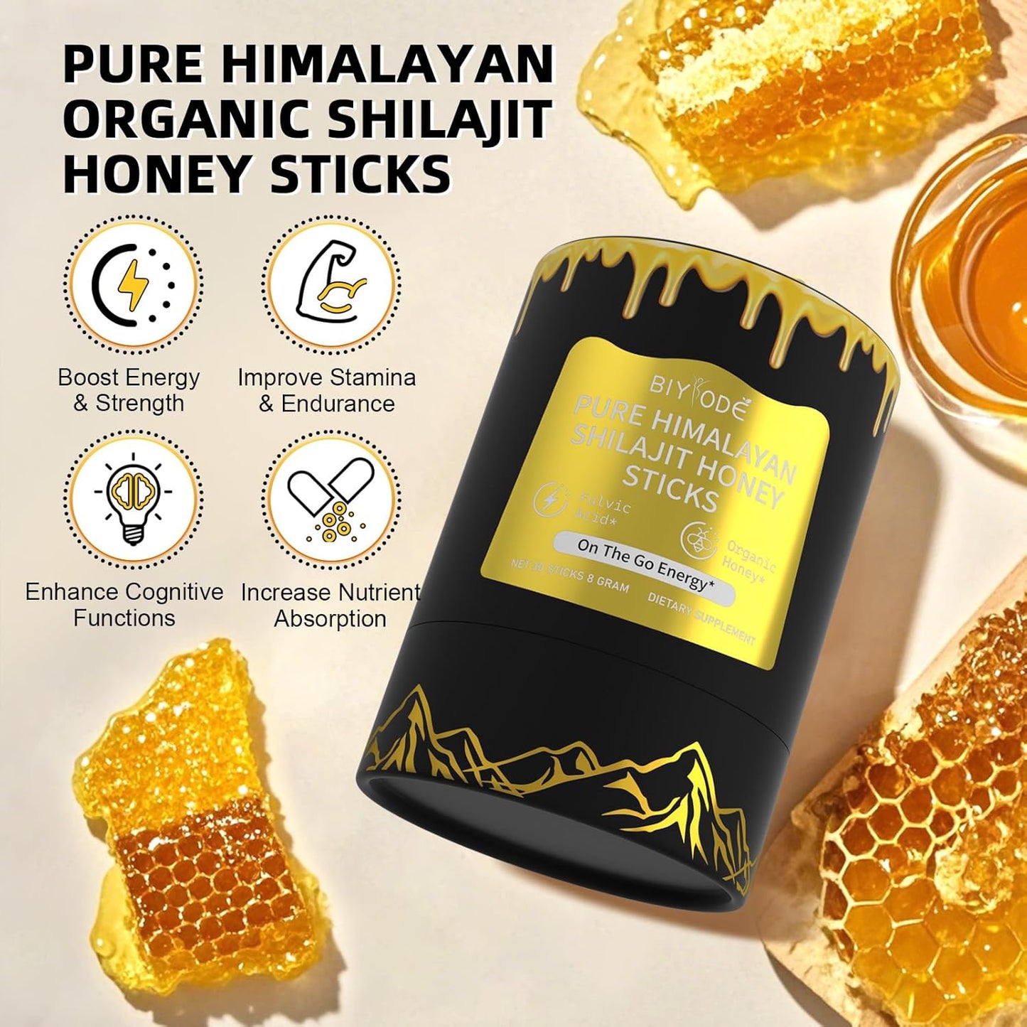 Organic Himalayan Shilajit Sticks with Honey and Saffron - Energy Boost, Immune Support - 30 Day Supply with 85+ Trace Minerals, 75%+ Fulvic Acid