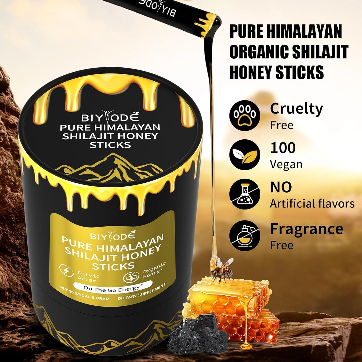 Organic Himalayan Shilajit Sticks with Honey and Saffron - Energy Boost, Immune Support - 30 Day Supply with 85+ Trace Minerals, 75%+ Fulvic Acid