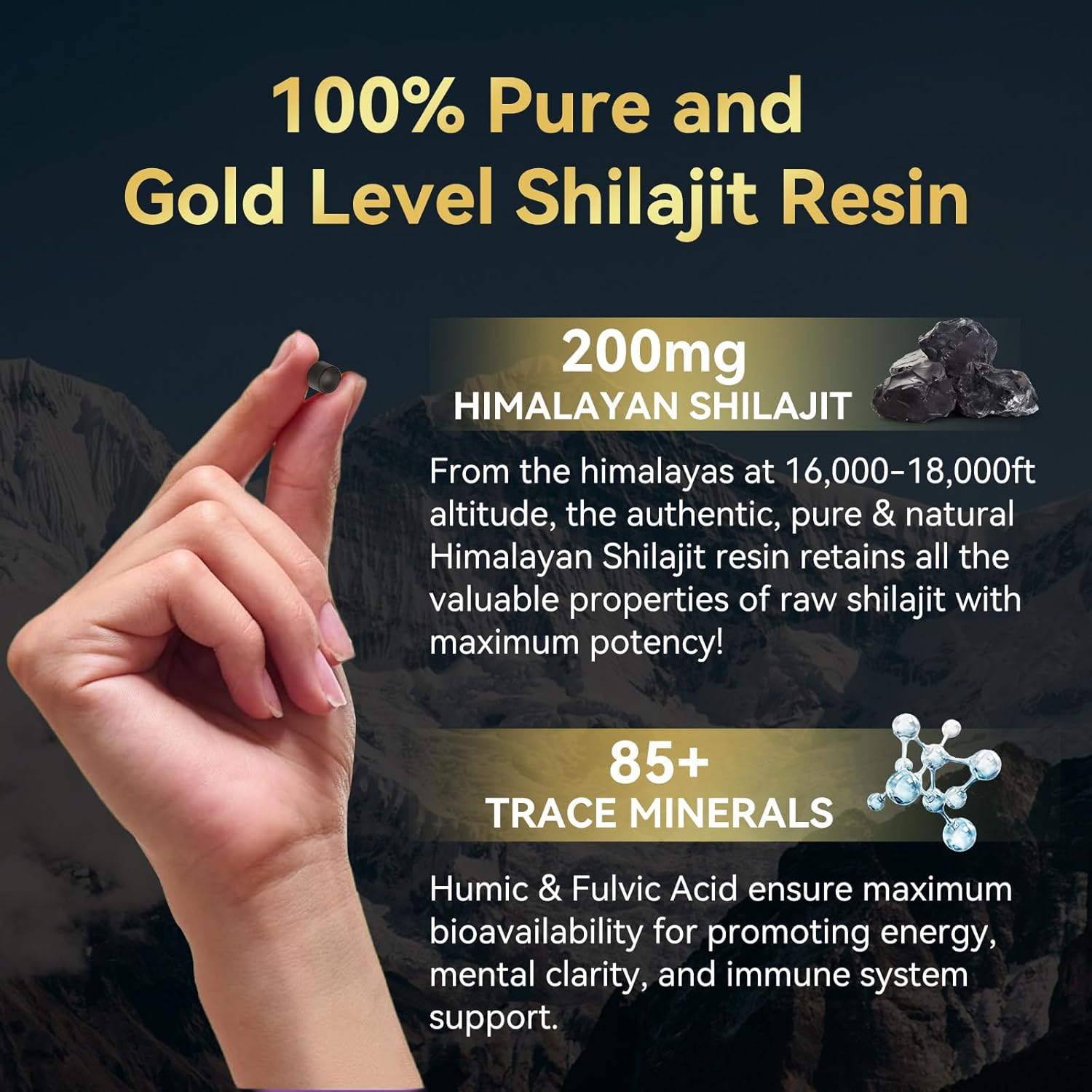 Organic Himalayan Shilajit Tablets - 60 Tablets, 200mg Each - Boost Energy, Immunity, Brain Support - 85+ Trace Minerals & Fulvic Acid, Men Women Supplement