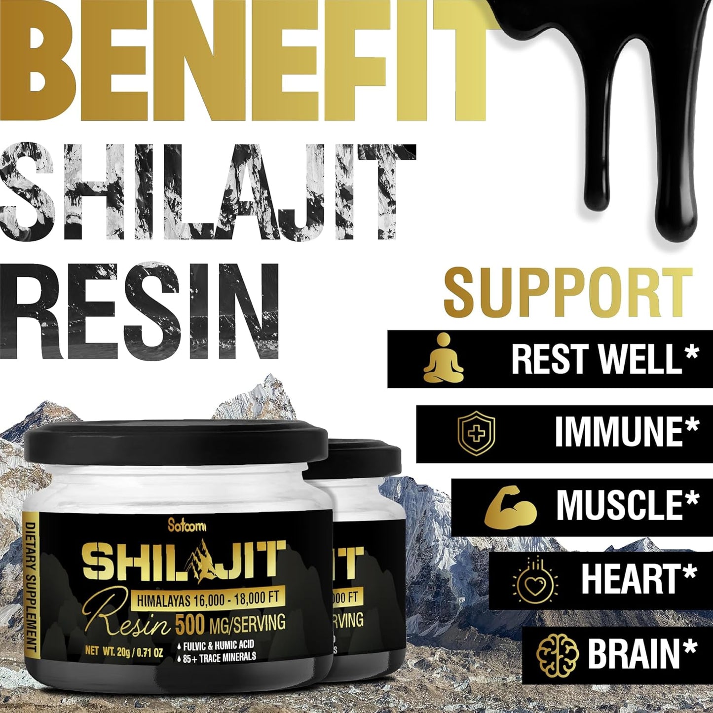 Organic Himalayan Shilajit with Fulvic Acid & 85+ Trace Minerals - Energy, Immune, Cognitive Support - 2 Packs 20g (80 Servings)