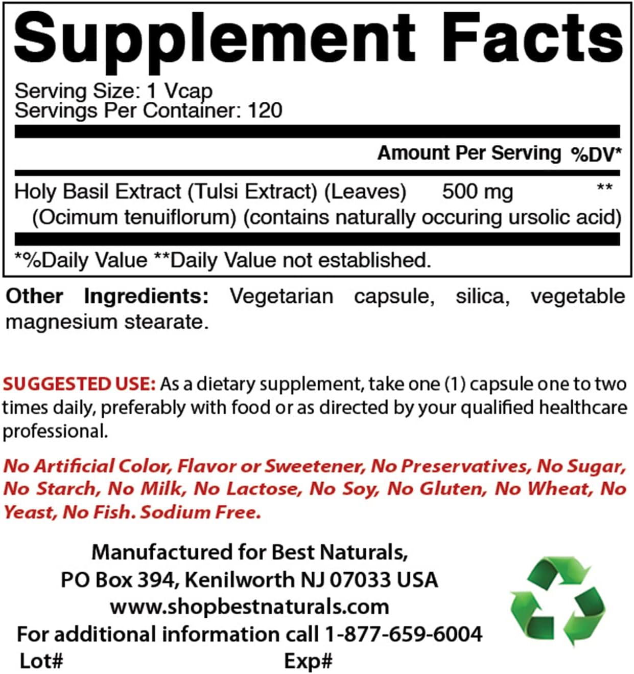Organic Holy Basil Stress Relief Capsules - 500 mg, 120 Veggie Caps - Natural Anxiety & Mood Support