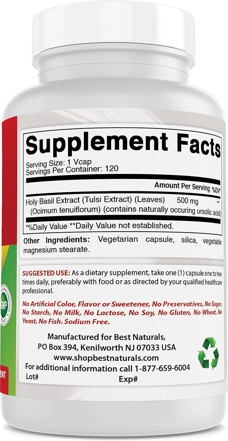 Organic Holy Basil Stress Relief Capsules - 500 mg, 120 Veggie Caps - Natural Anxiety & Mood Support