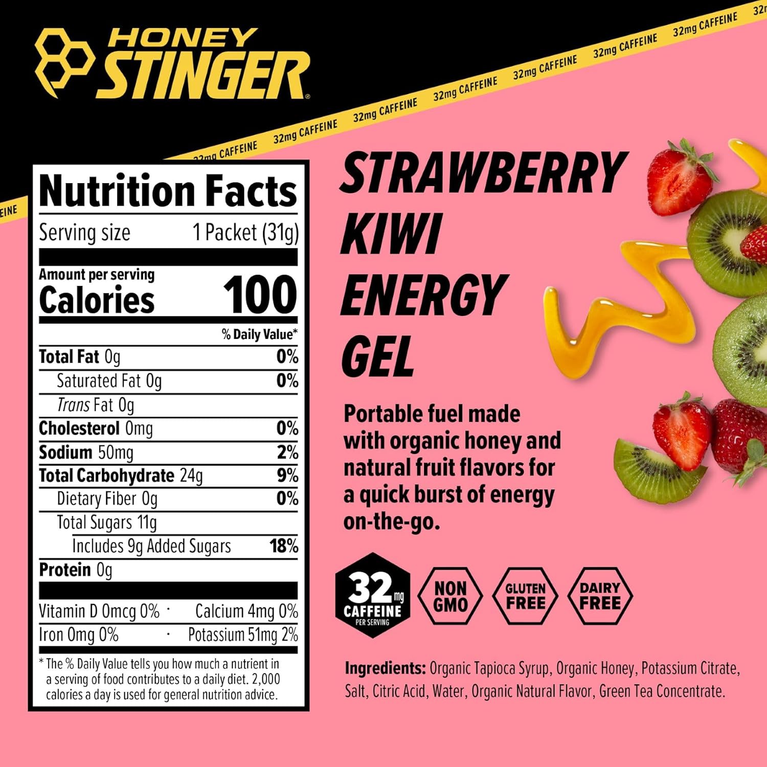 Organic Honey Caffeinated Energy Gel - Strawberry Kiwi Flavor | Gluten-Free | Sports Nutrition for Exercise, Running, and Performance | 24 Pack for Home and Gym