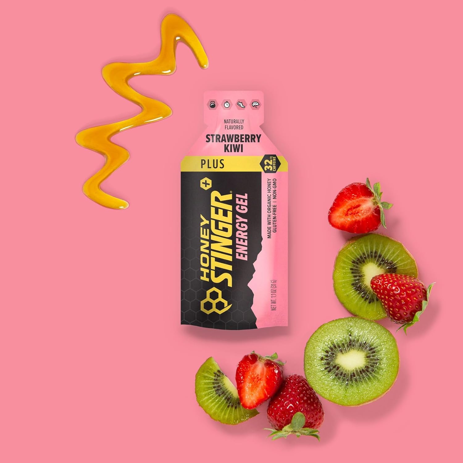 Organic Honey Caffeinated Energy Gel - Strawberry Kiwi Flavor | Gluten-Free | Sports Nutrition for Exercise, Running, and Performance | 24 Pack for Home and Gym