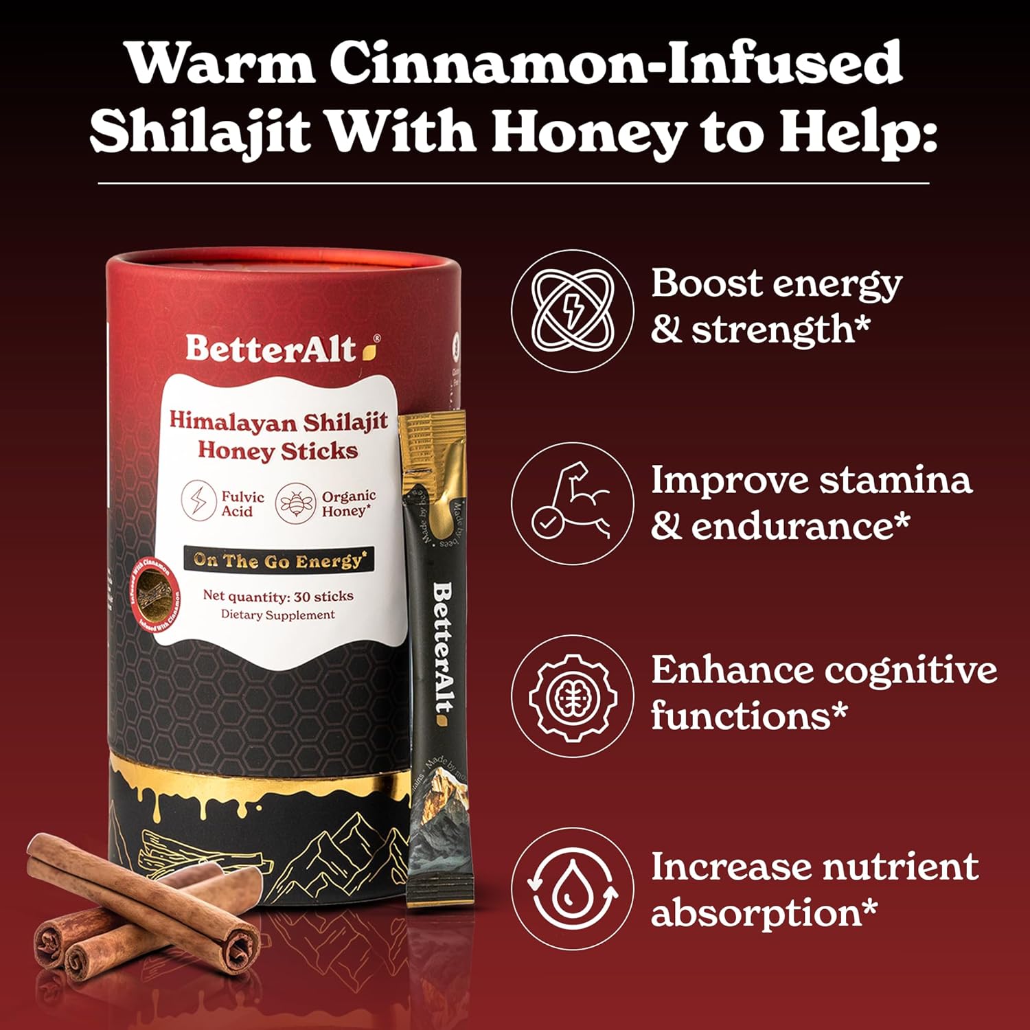 Organic Honey Saffron Shilajit Cinnamon Sticks | Energy Boost & Immune Support | 30 Easy-to-Consume Sticks | 85+ Trace Minerals | 75%+ Fulvic Acid