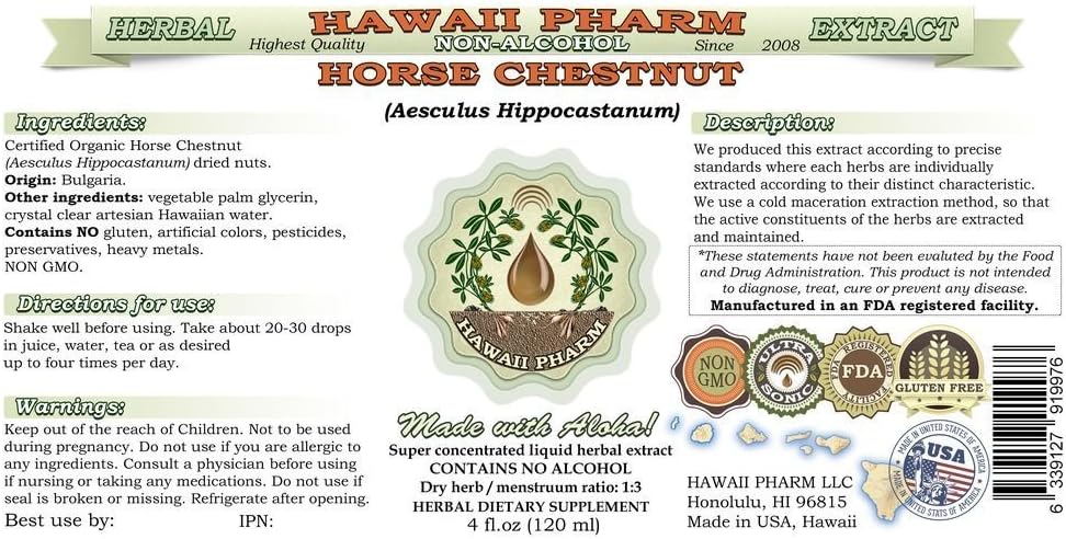 Organic Horse Chestnut Liquid Extract - Alcohol-Free Herbal Supplement by Hawaii Pharm - 4 oz Bottle