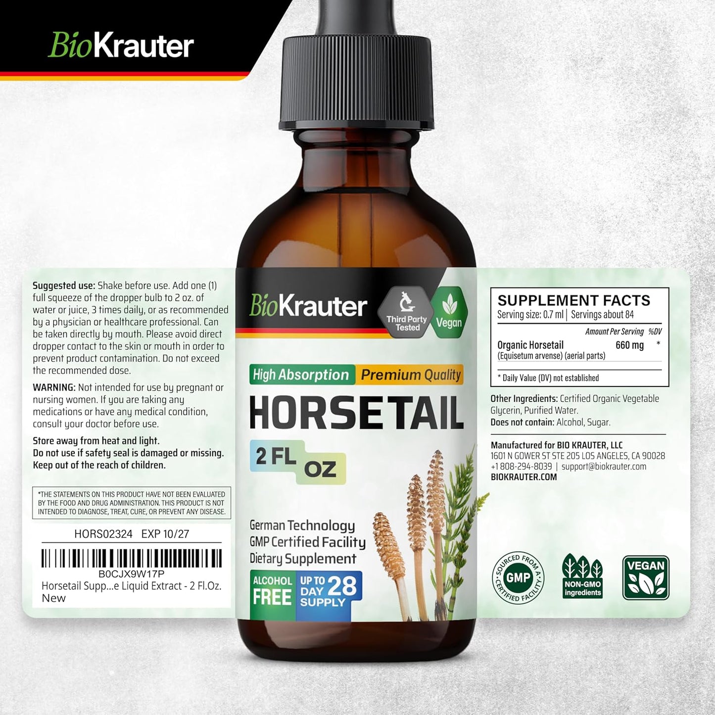 Organic Horsetail Tincture for Hair Support - Pure Vegan Ingredients - Alcohol & Sugar Free - 2 Fl.Oz.