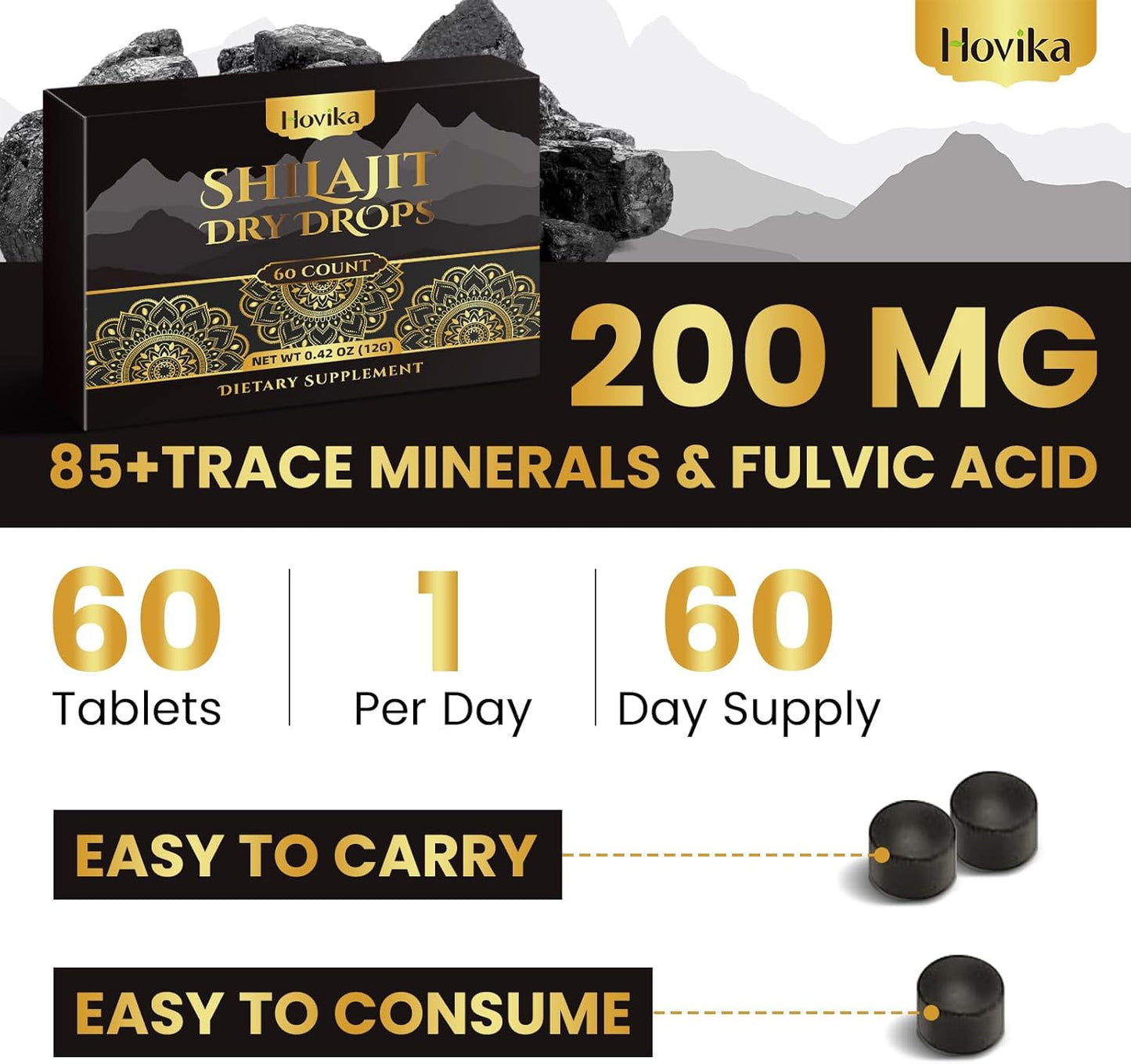 Organic Hovika Himalayan Shilajit Resin Tablets - 100% Pure with 85+ Trace Minerals & Fulvic Acid for Metabolism, Brain Boost, Energy & Immune Support