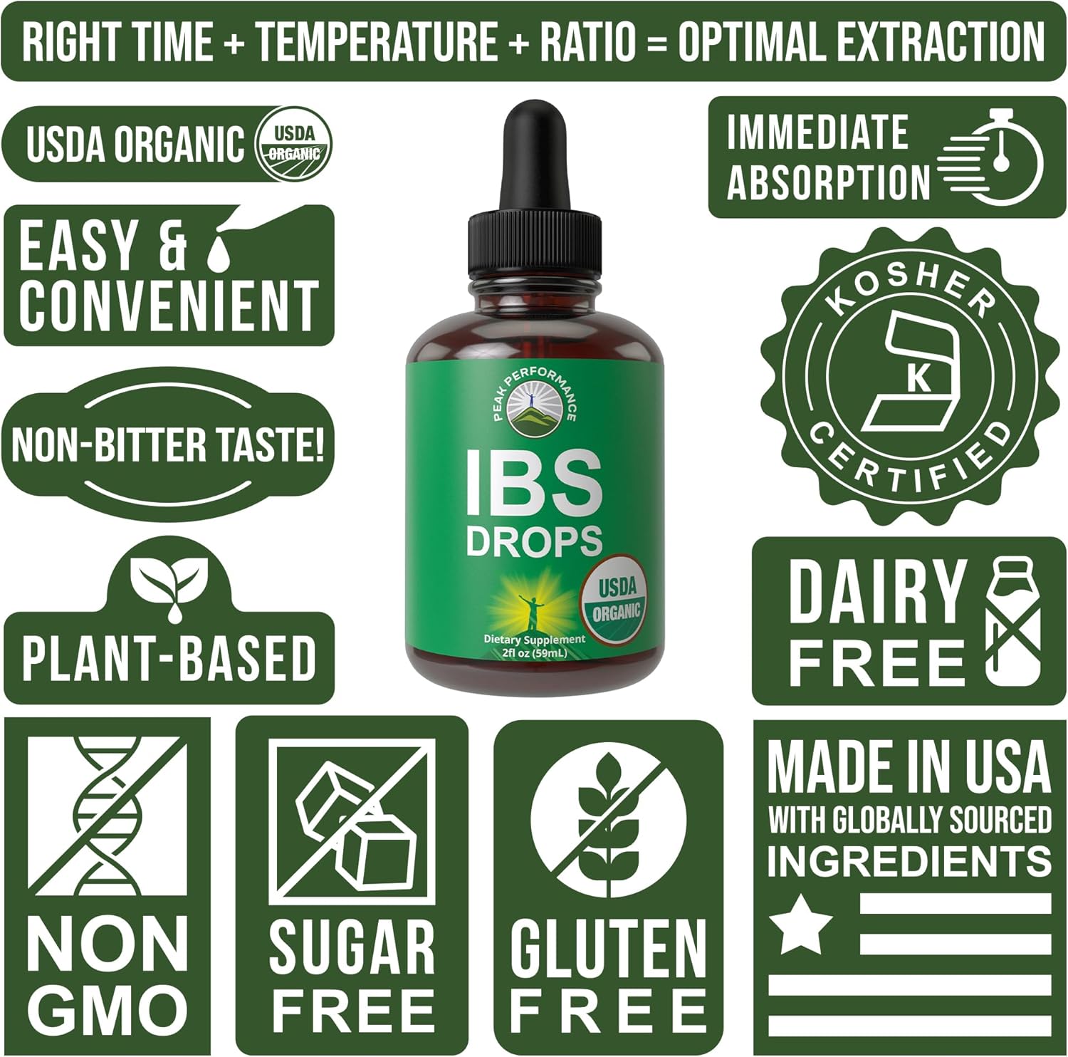 Organic IBS Relief Liquid Drops with 5 Organic Ingredients for Digestive Health and Peak Performance