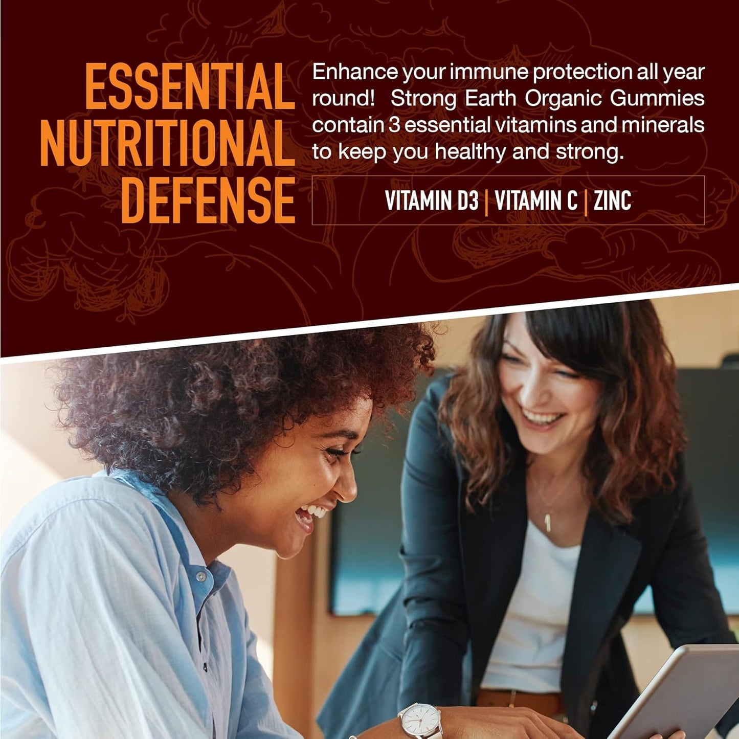 Organic Immune Health Gummies with Vitamin C, D3, Zinc - Multivitamin Support (60 Count)