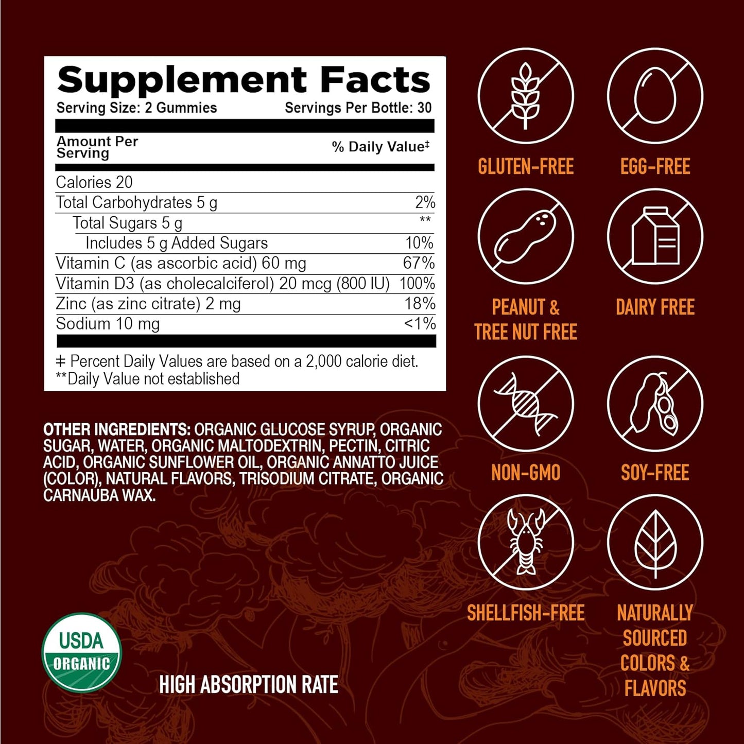 Organic Immune Health Gummies with Vitamin C, D3, Zinc - Multivitamin Support (60 Count)