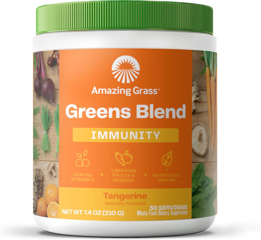 Organic Immune Support Greens Superfood Powder with Spirulina, Chlorella, Probiotics - Tangerine Flavor, 30 Servings