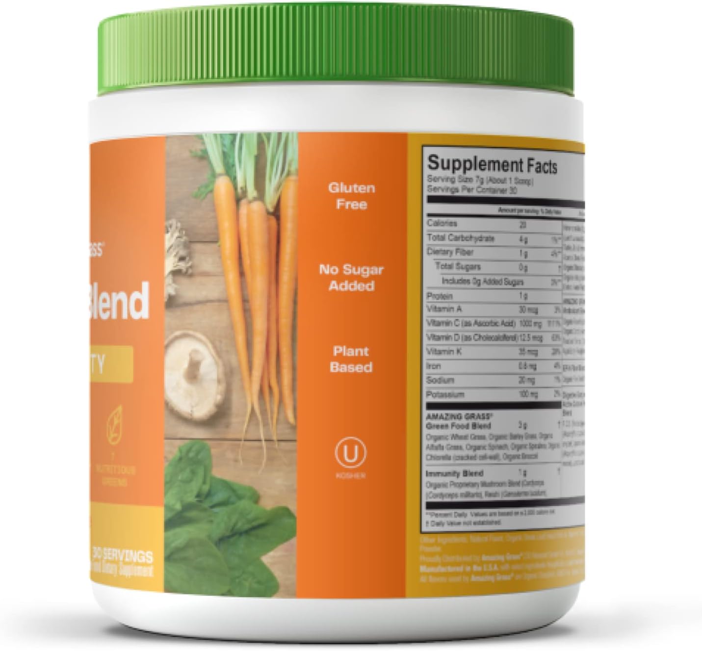 Organic Immune Support Greens Superfood Powder with Spirulina, Chlorella, Probiotics - Tangerine Flavor, 30 Servings