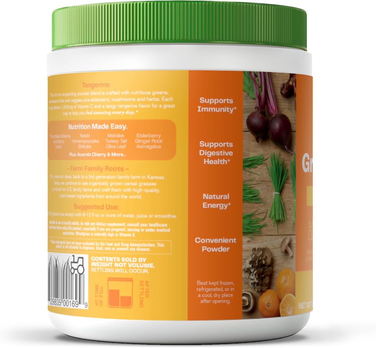 Organic Immune Support Greens Superfood Powder with Spirulina, Chlorella, Probiotics - Tangerine Flavor, 30 Servings