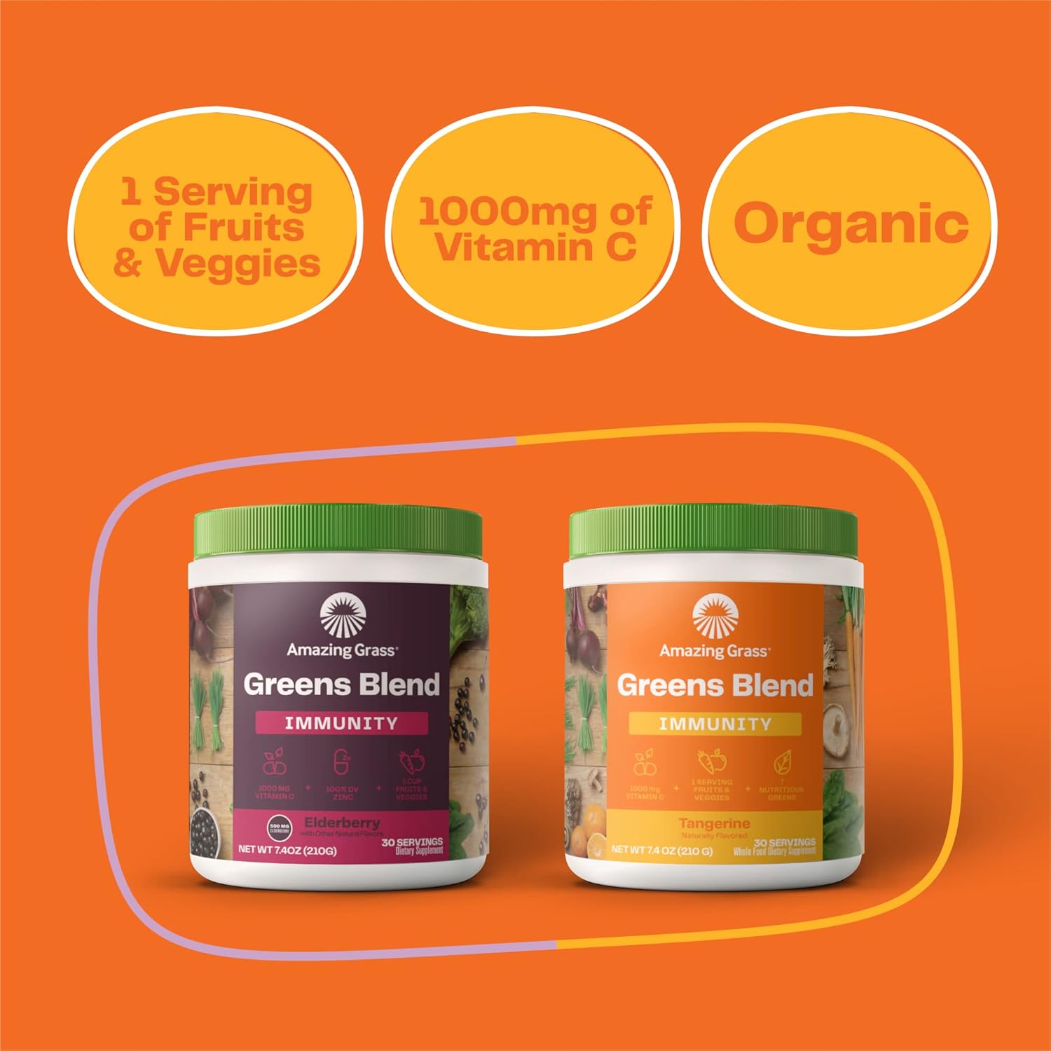 Organic Immune Support Greens Superfood Powder with Spirulina, Chlorella, Probiotics - Tangerine Flavor, 30 Servings