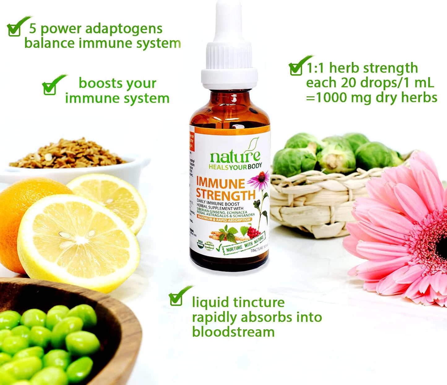 Organic Immune Support Tincture with Siberian Ginseng, Echinacea, Reishi, Astragalus, and Schisandra - Daily Natural Booster (50 mL)