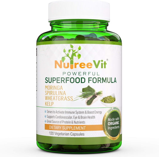 Organic Immune System Booster Energy Pills with Moringa, Spirulina, Wheatgrass, and Kelp - 90 Count Bottle by NutreeVit