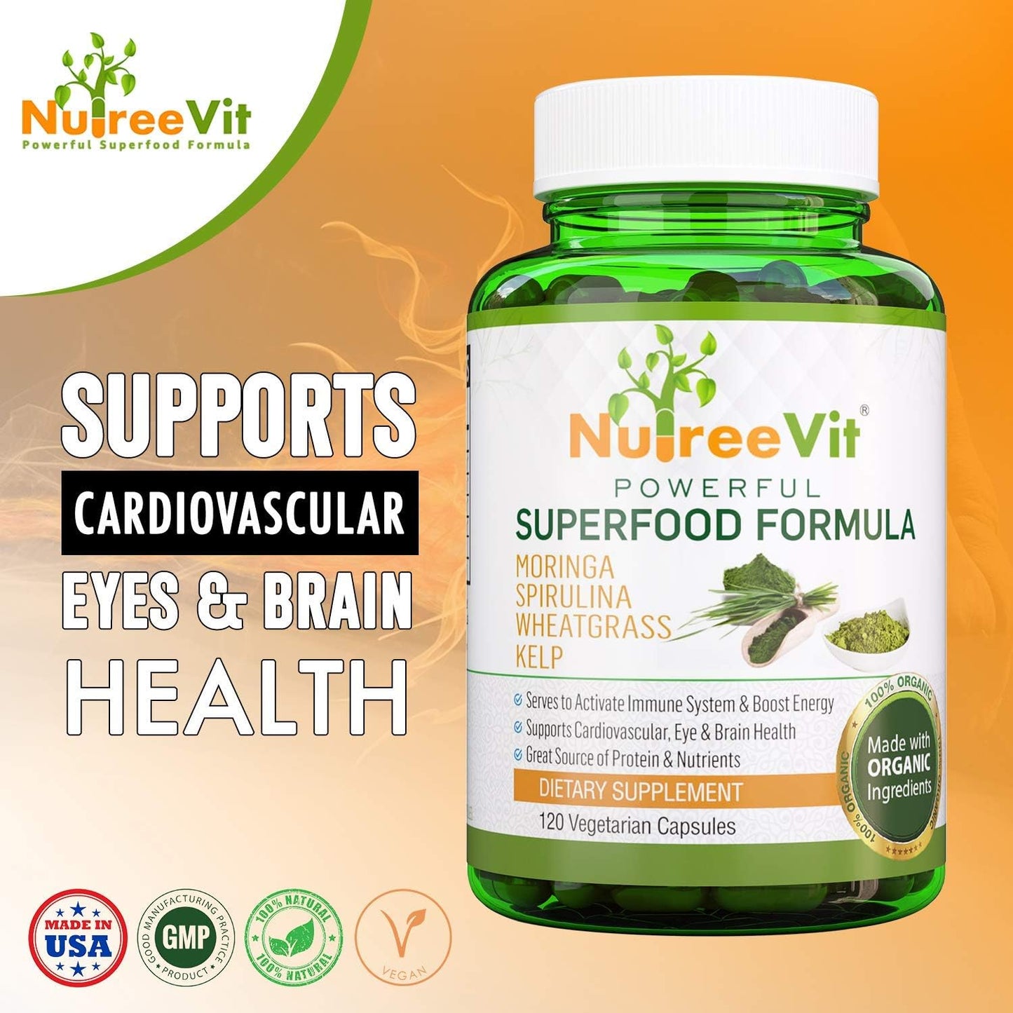 Organic Immune System Booster Energy Pills with Moringa, Spirulina, Wheatgrass, and Kelp - 90 Count Bottle by NutreeVit