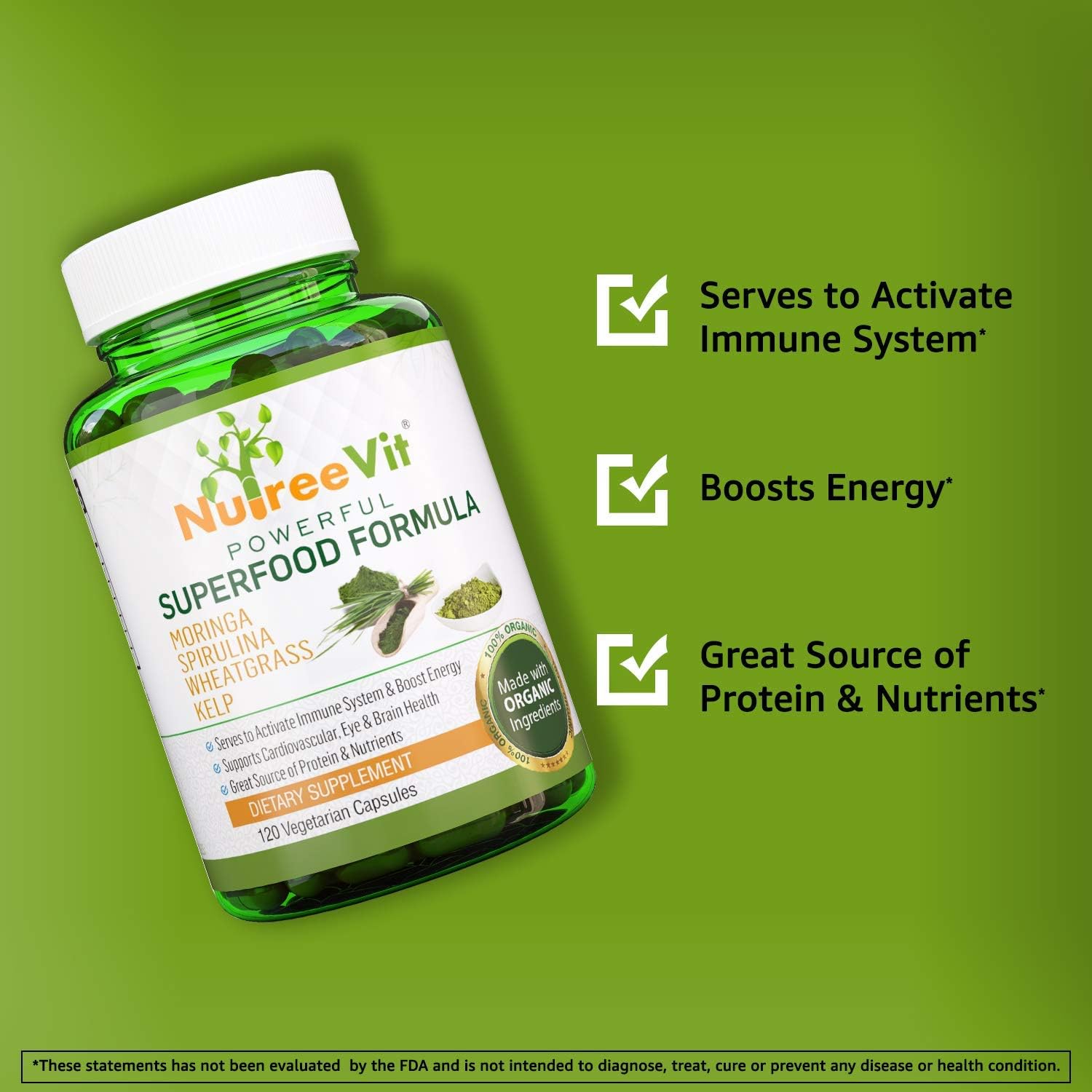 Organic Immune System Booster Energy Pills with Moringa, Spirulina, Wheatgrass, and Kelp - 90 Count Bottle by NutreeVit