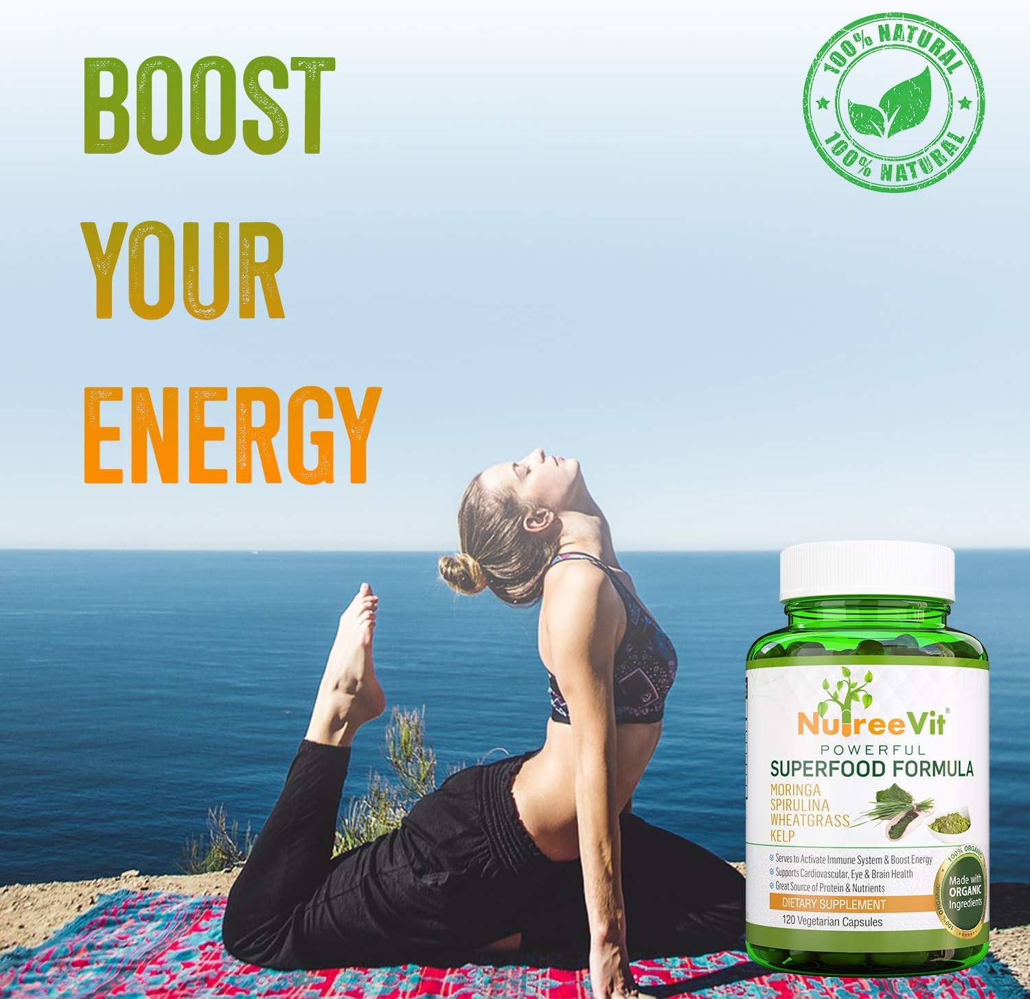 Organic Immune System Booster Energy Pills with Moringa, Spirulina, Wheatgrass, and Kelp - 90 Count Bottle by NutreeVit