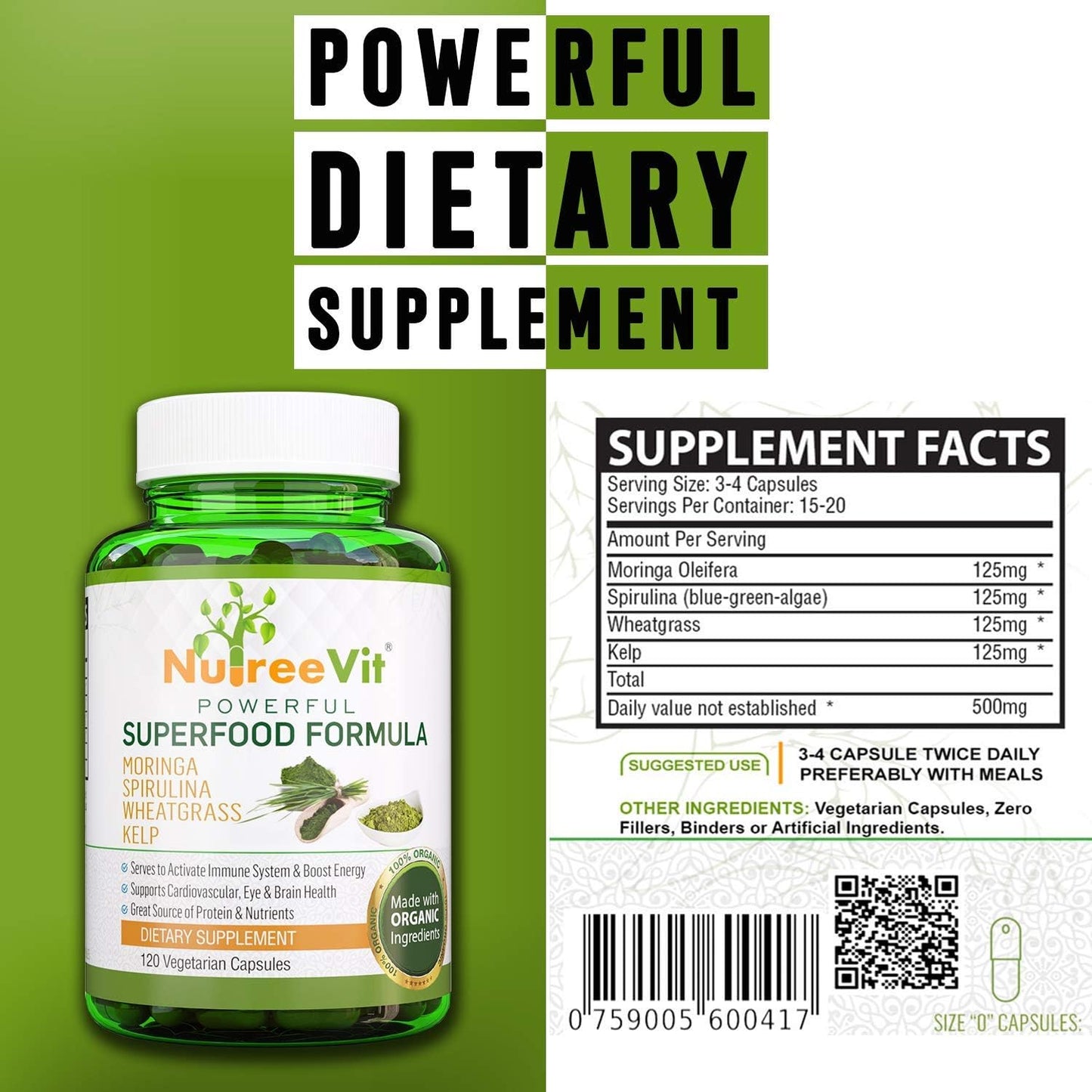 Organic Immune System Booster Energy Pills with Moringa, Spirulina, Wheatgrass, and Kelp - 90 Count Bottle by NutreeVit