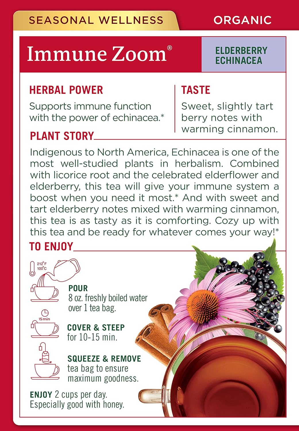 Organic Immune Zoom Echinacea Elderberry Tea, 32 Tea Bags