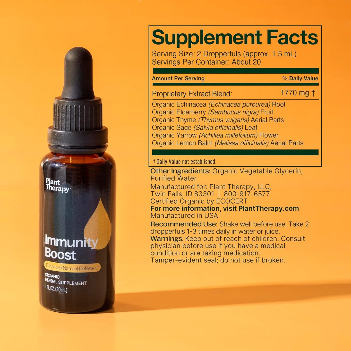 Organic Immunity Boost Tincture with Echinacea, Elderberry & Lemon Balm Extract - 30 mL (1 oz) - Natural Defense for Immune System - Seasonal Threats Support