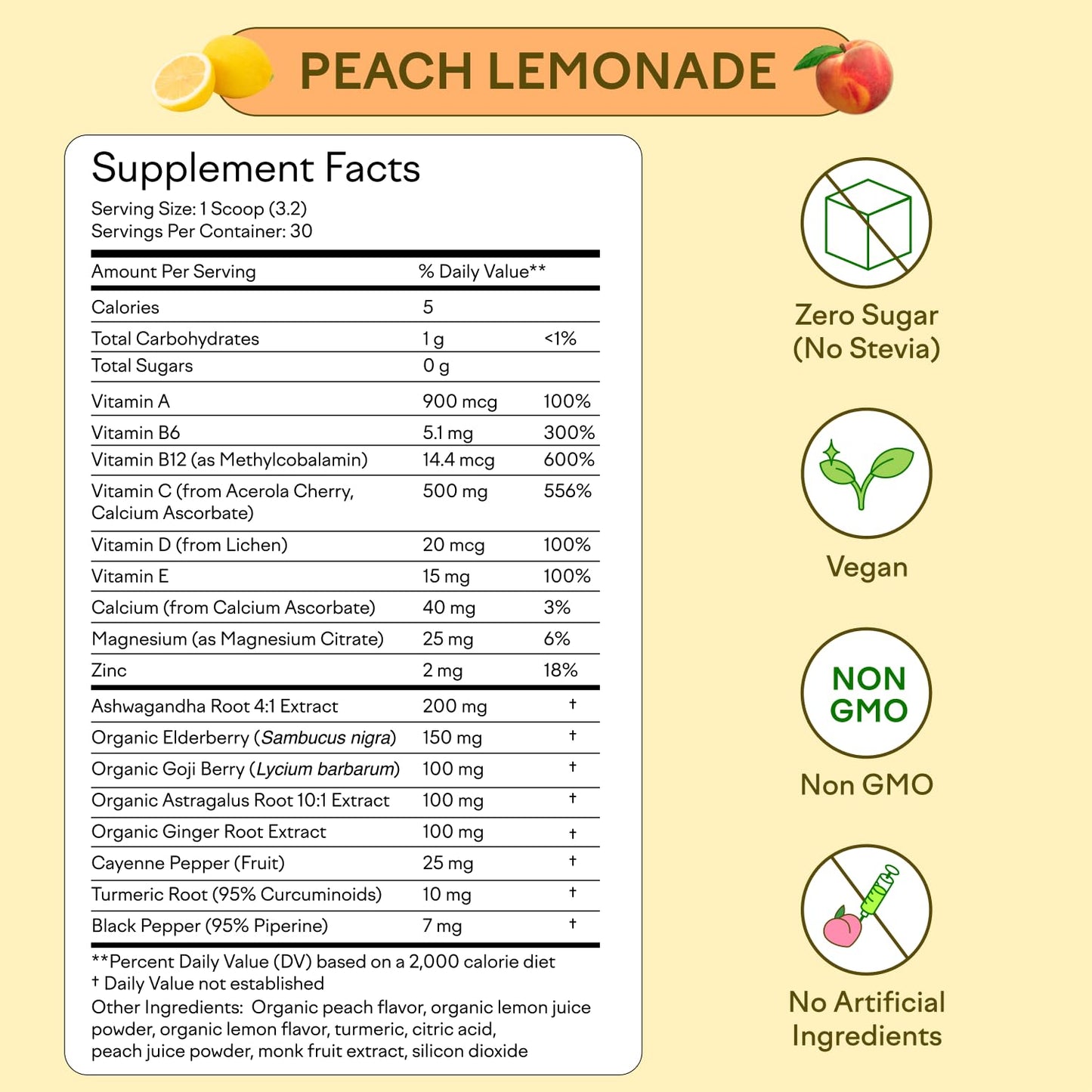 Organic Immunity Drink Mix Powder with Vitamins & Zinc - Peach Lemonade, Zero Sugar, Vegan & Non GMO - 30 Servings