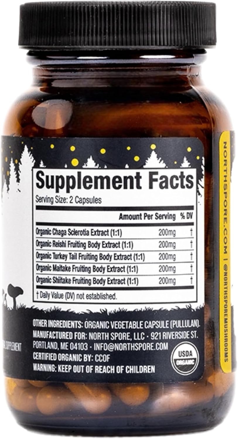 Organic Immunity Mushroom Extract Capsules | Turkey Tail, Chaga, Reishi, Maitake, Shiitake Blend | 100% Fruiting Body Extracts - 120 ct