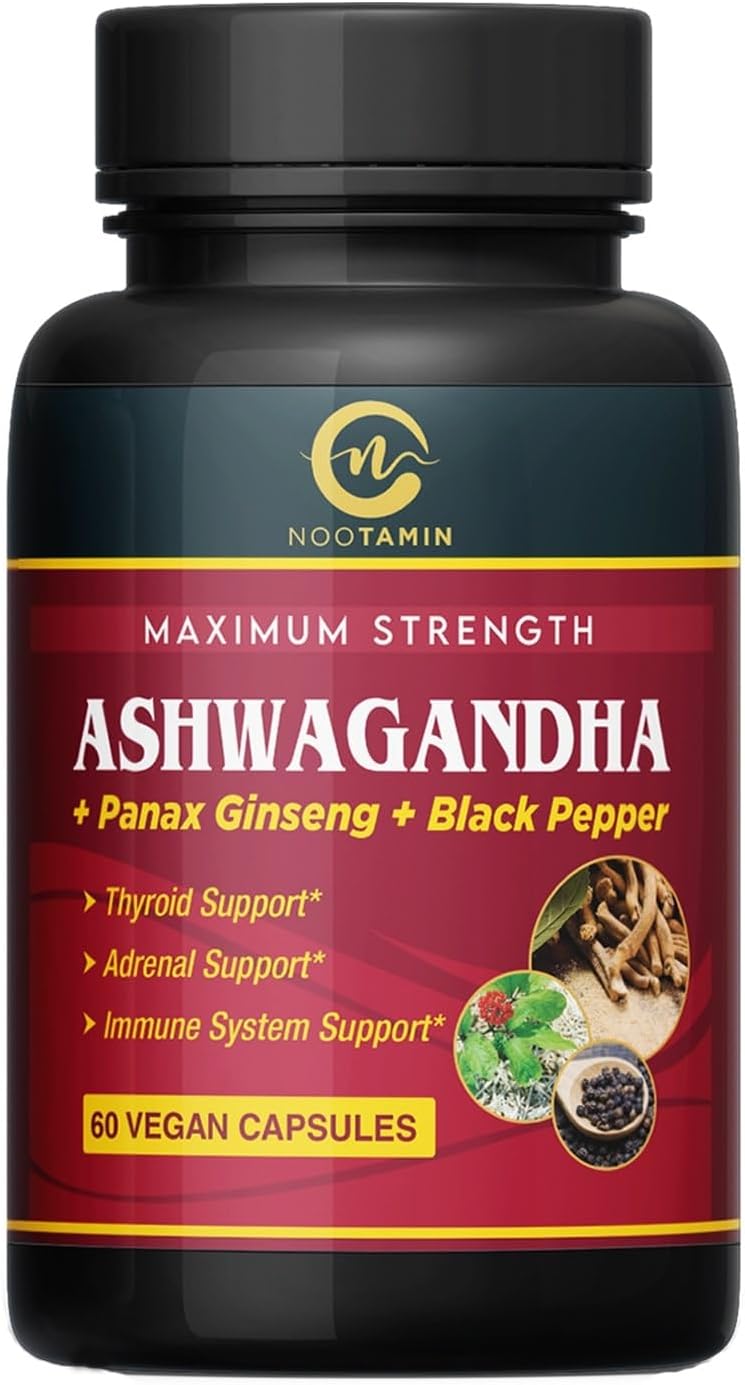 Organic India Ashwagandha Capsules 5700mg - 60 Vegan Capsules with Panax Ginseng & Black Pepper for Focus, Cognitive Function, Immune & Thyroid Support - 2 Months Supply